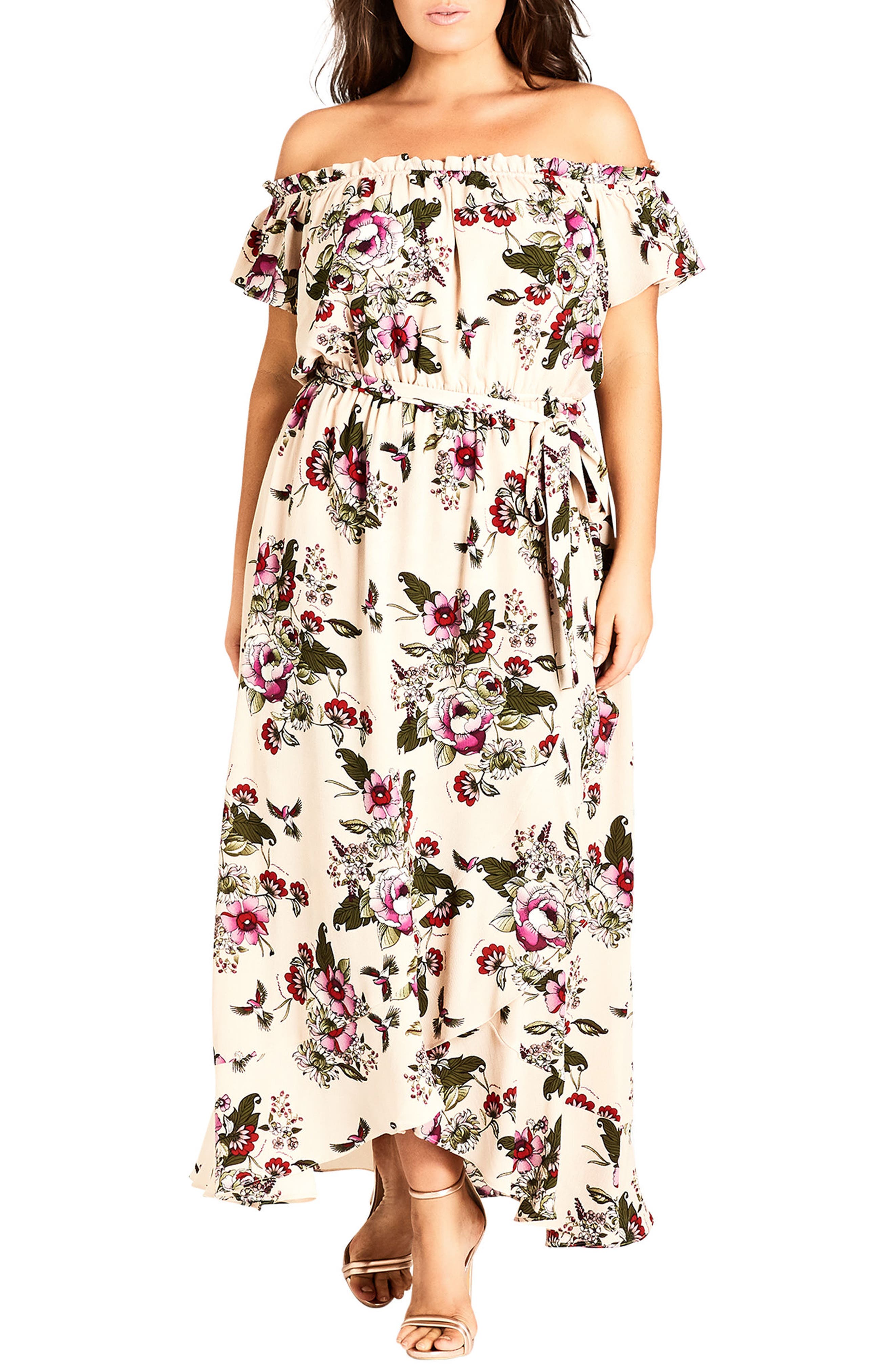 Plus Size City Chic Lolita Floral Off The Shoulder Maxi Dress, White