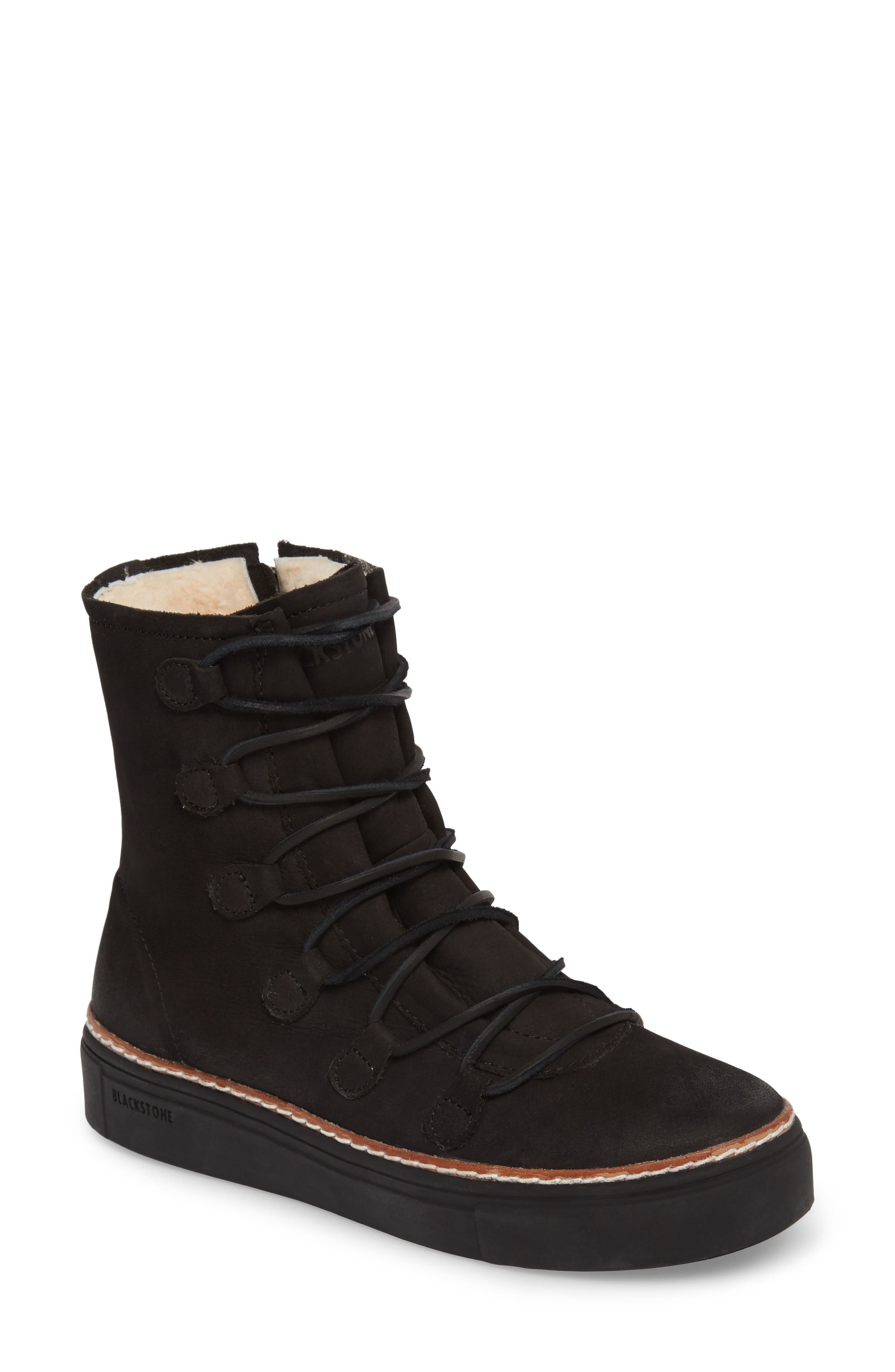 Blackstone Ol26 Genuine Shearling Lined Lace-Up Bootie, Black
