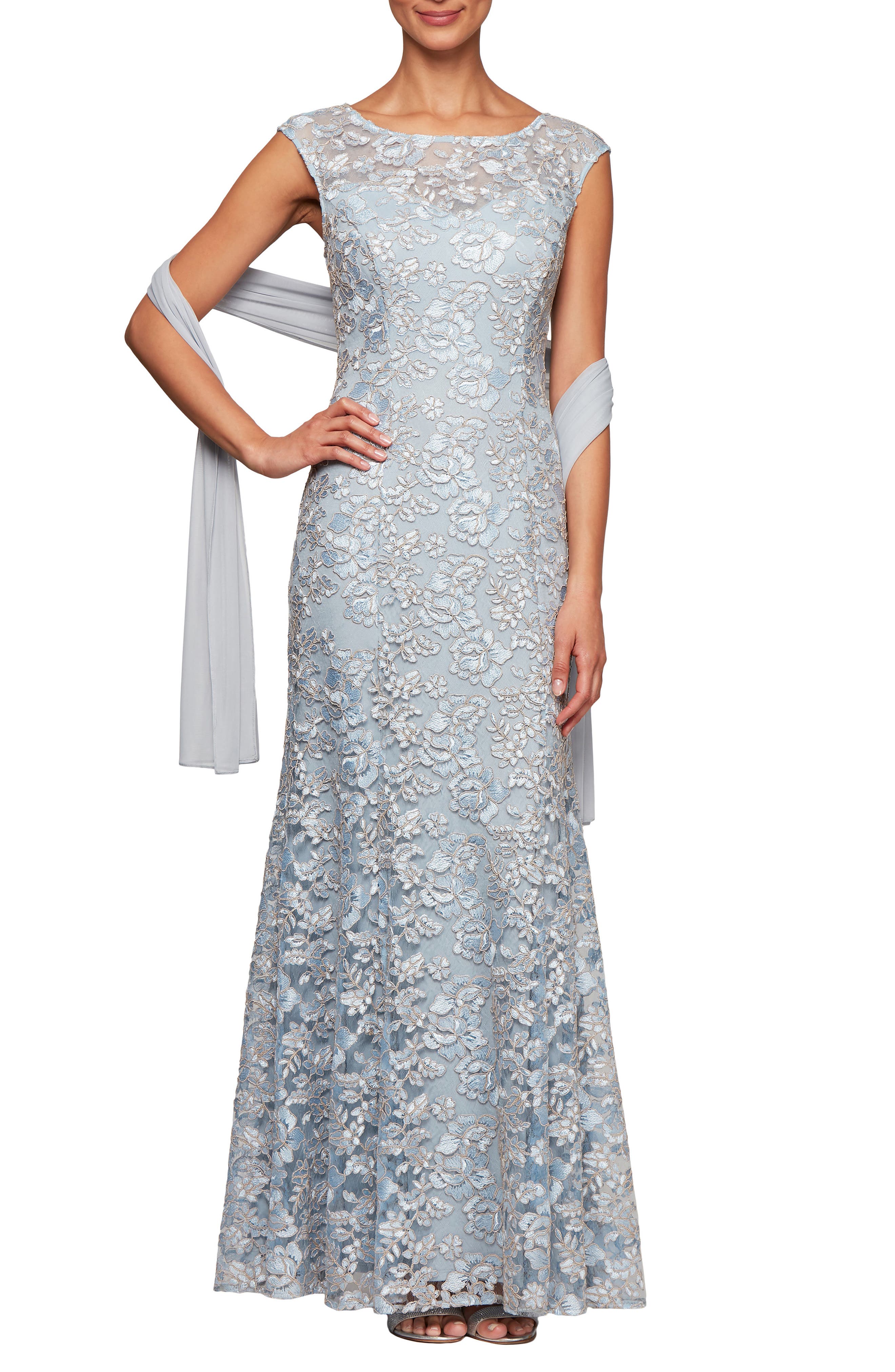 Petite Alex Evenings Floral Embroidered Evening Dress With Wrap, Blue
