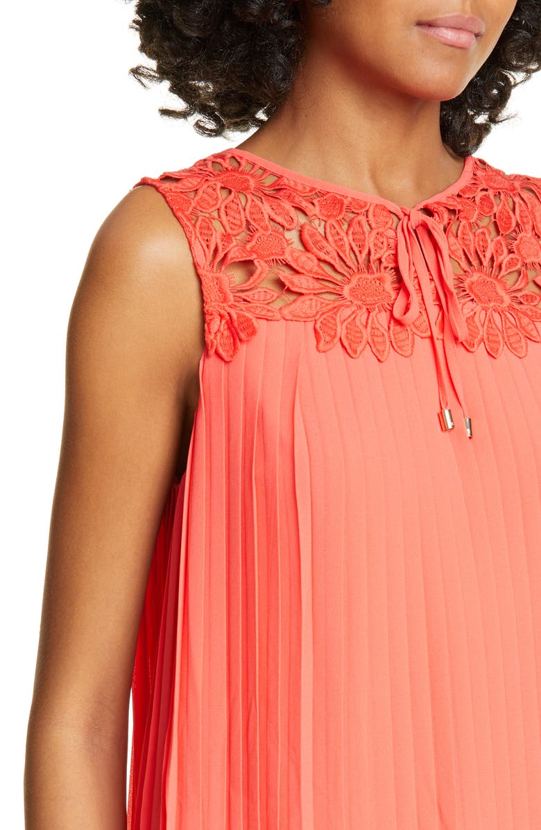 Ted Baker Sherbey Lace Yoke Pleated Sleeveless Blouse In Bright Red