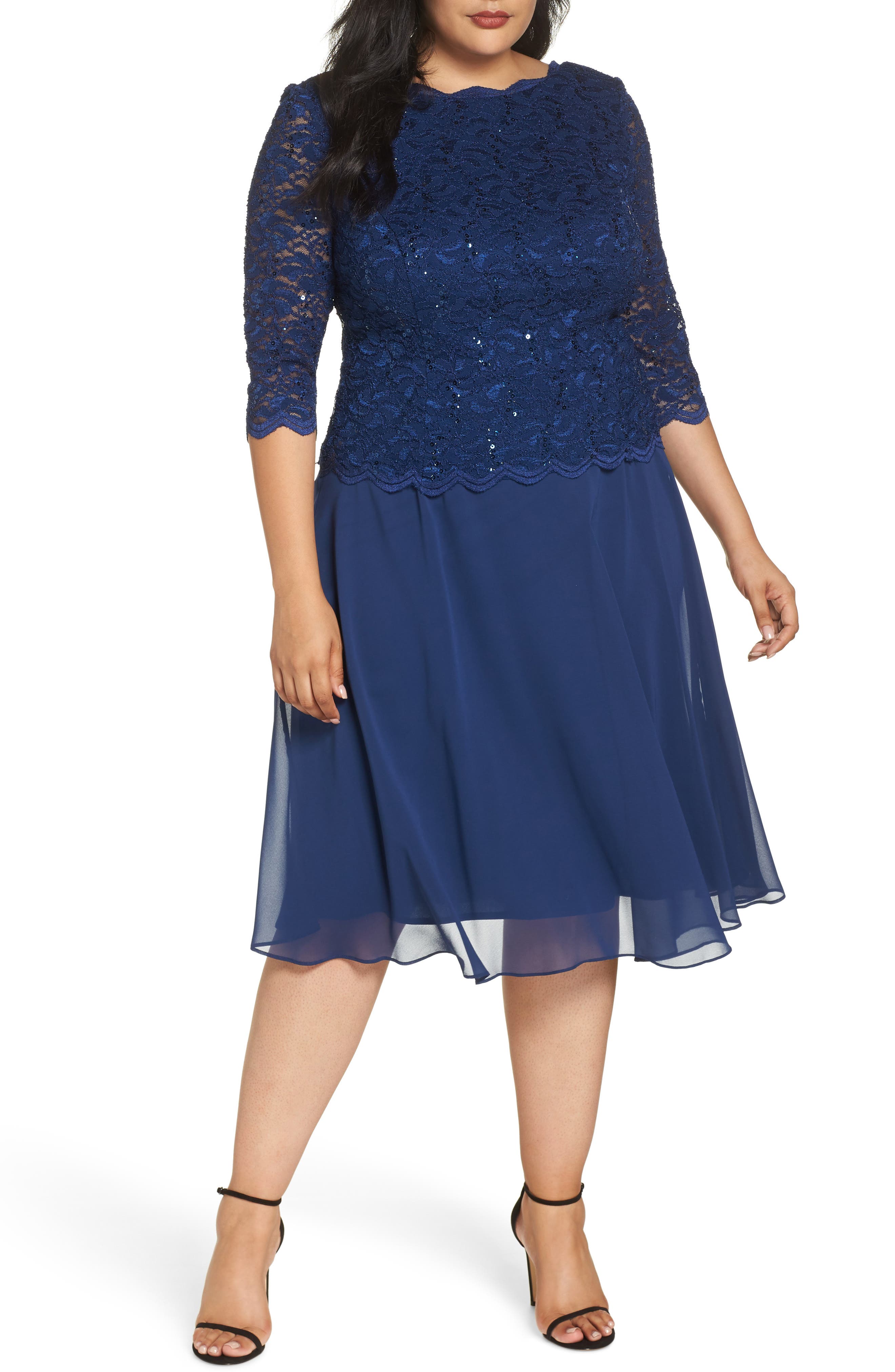 Plus Size Alex Evenings Mock Two-Piece Tea Length Dress, Blue