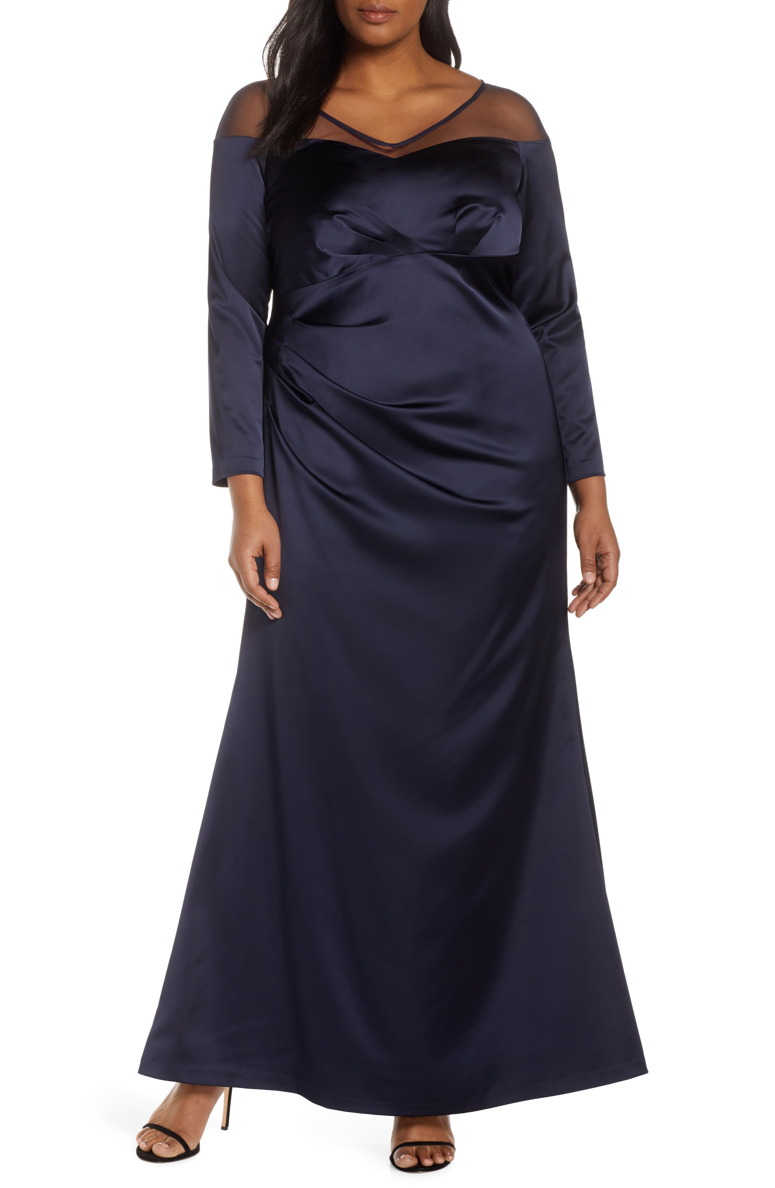 Plus Size Adrianna Papell Long Sleeve Illusion Off The Shoulder Satin Gown, Blue
