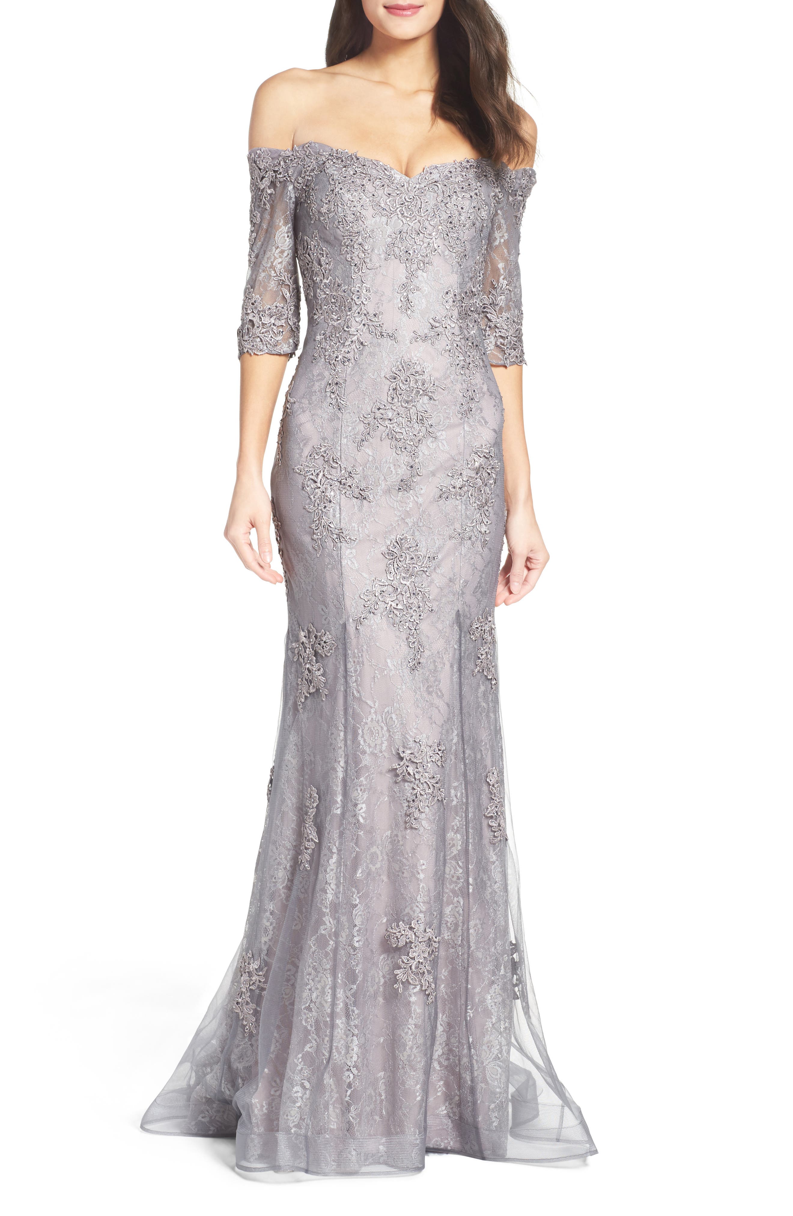 La Femme Fit & Flare Gown With Train, Grey