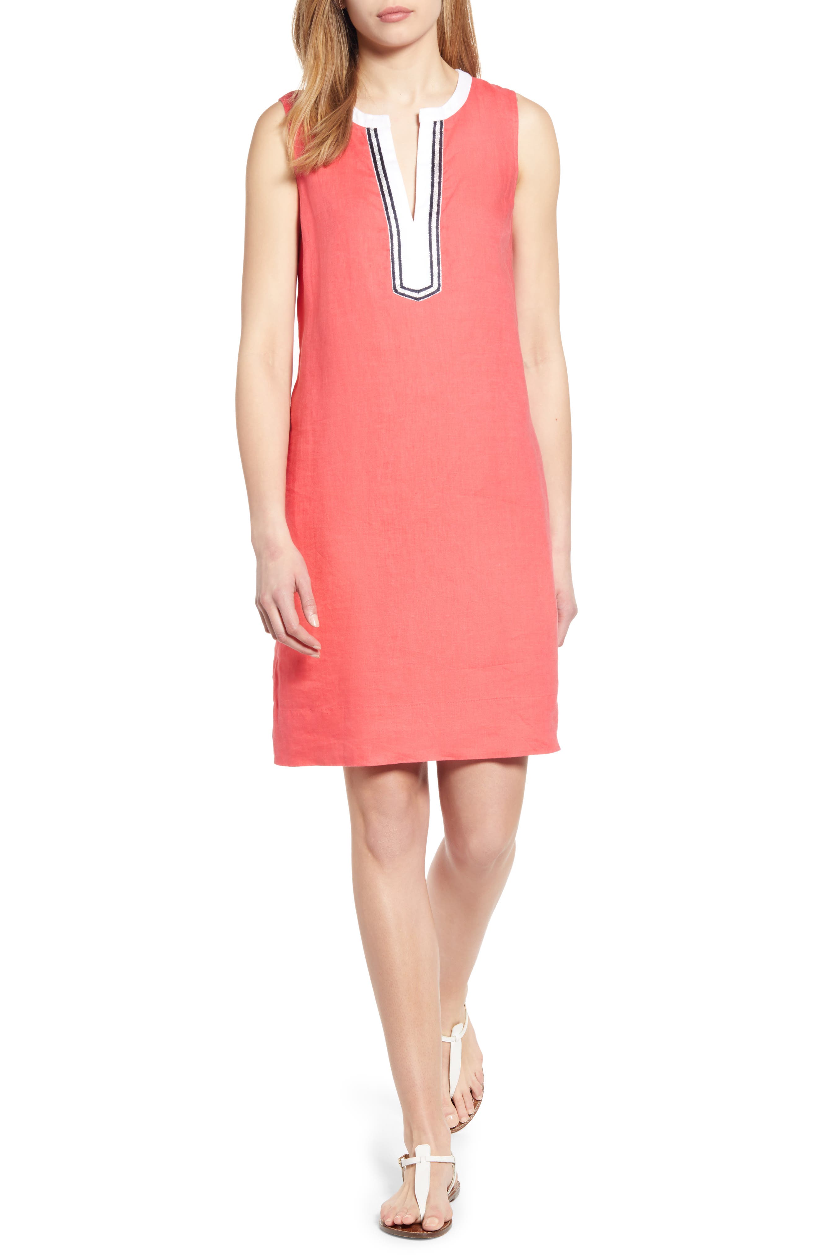 Tommy Bahama Two Palms Split Neck Linen Shift Dress, Pink