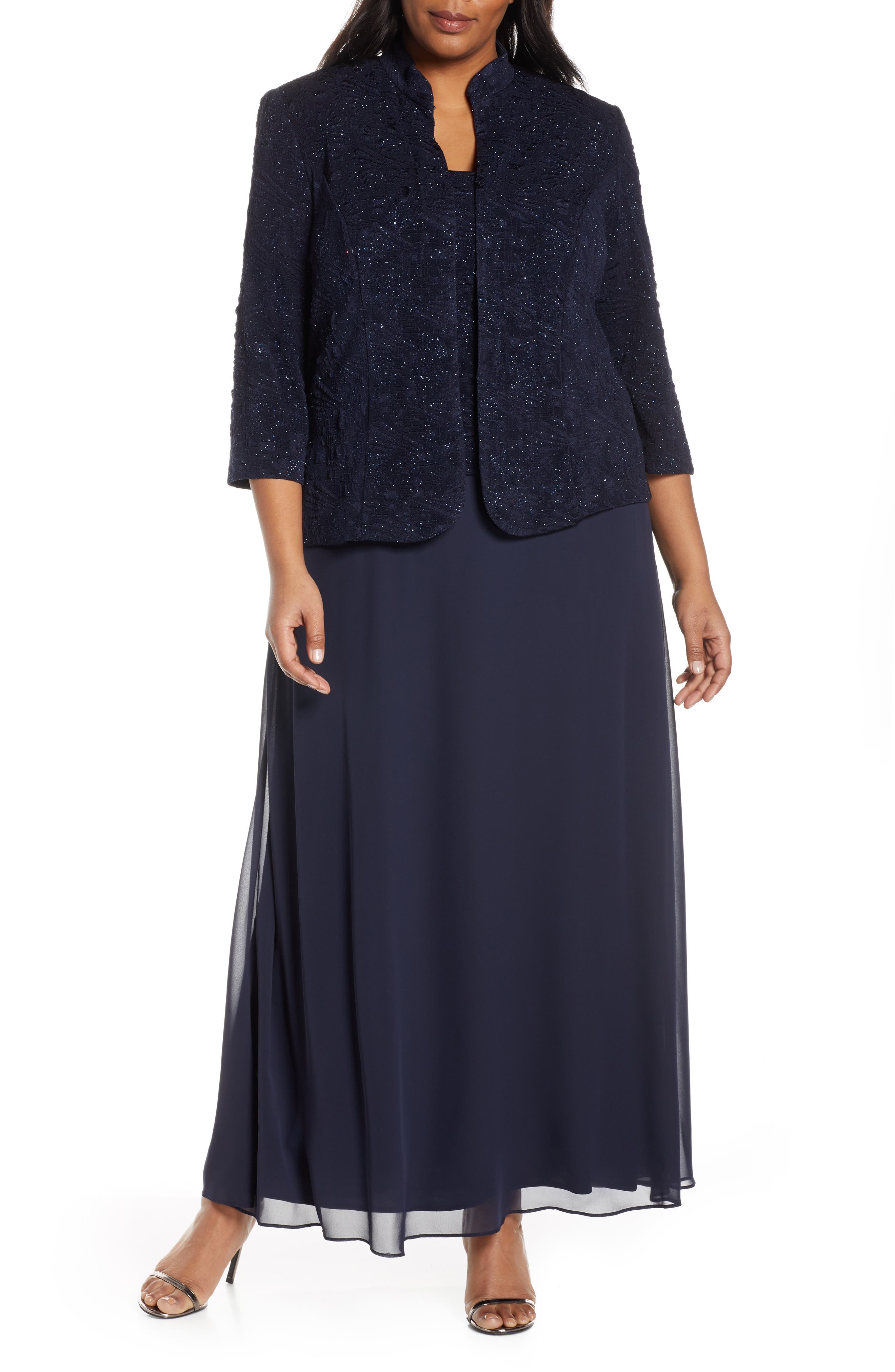 Plus Size Alex Evenings Lace & Chiffon Gown With Jacket, Blue