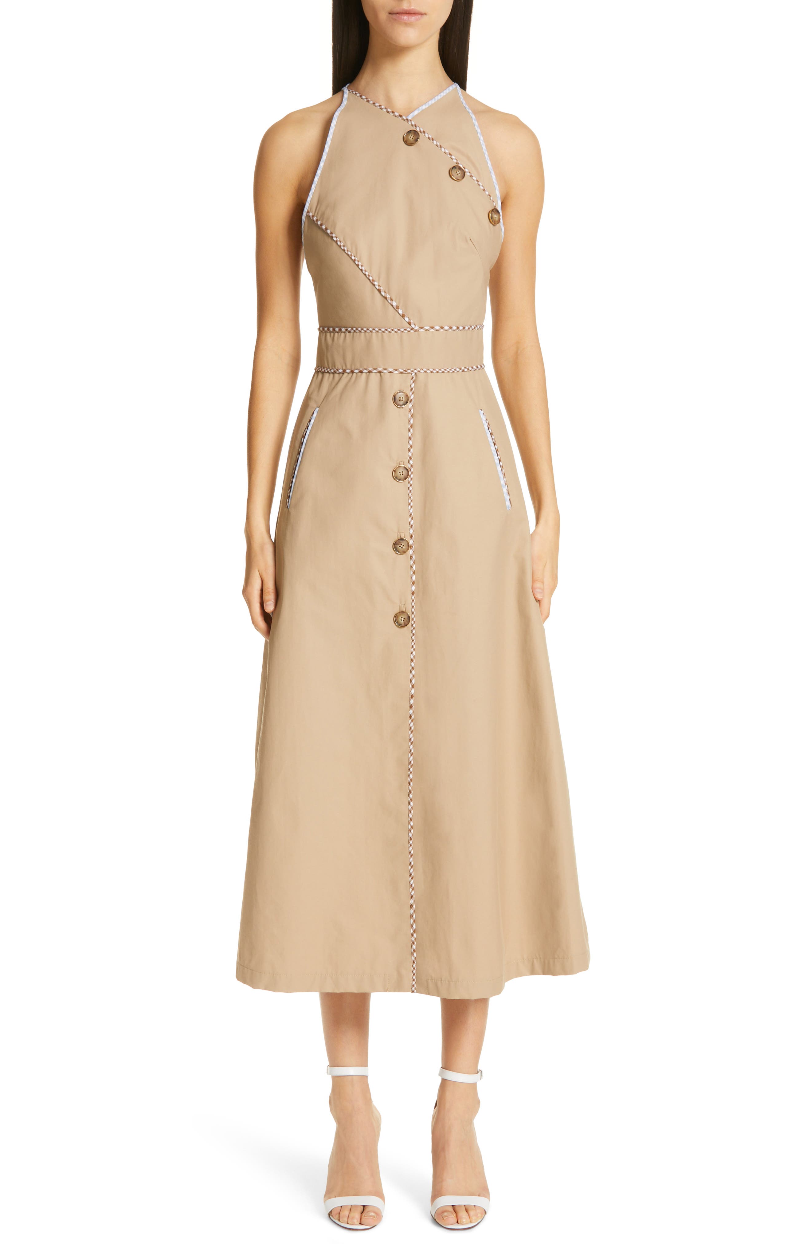 Lela Rose Twill Halter Trench Dress, Beige