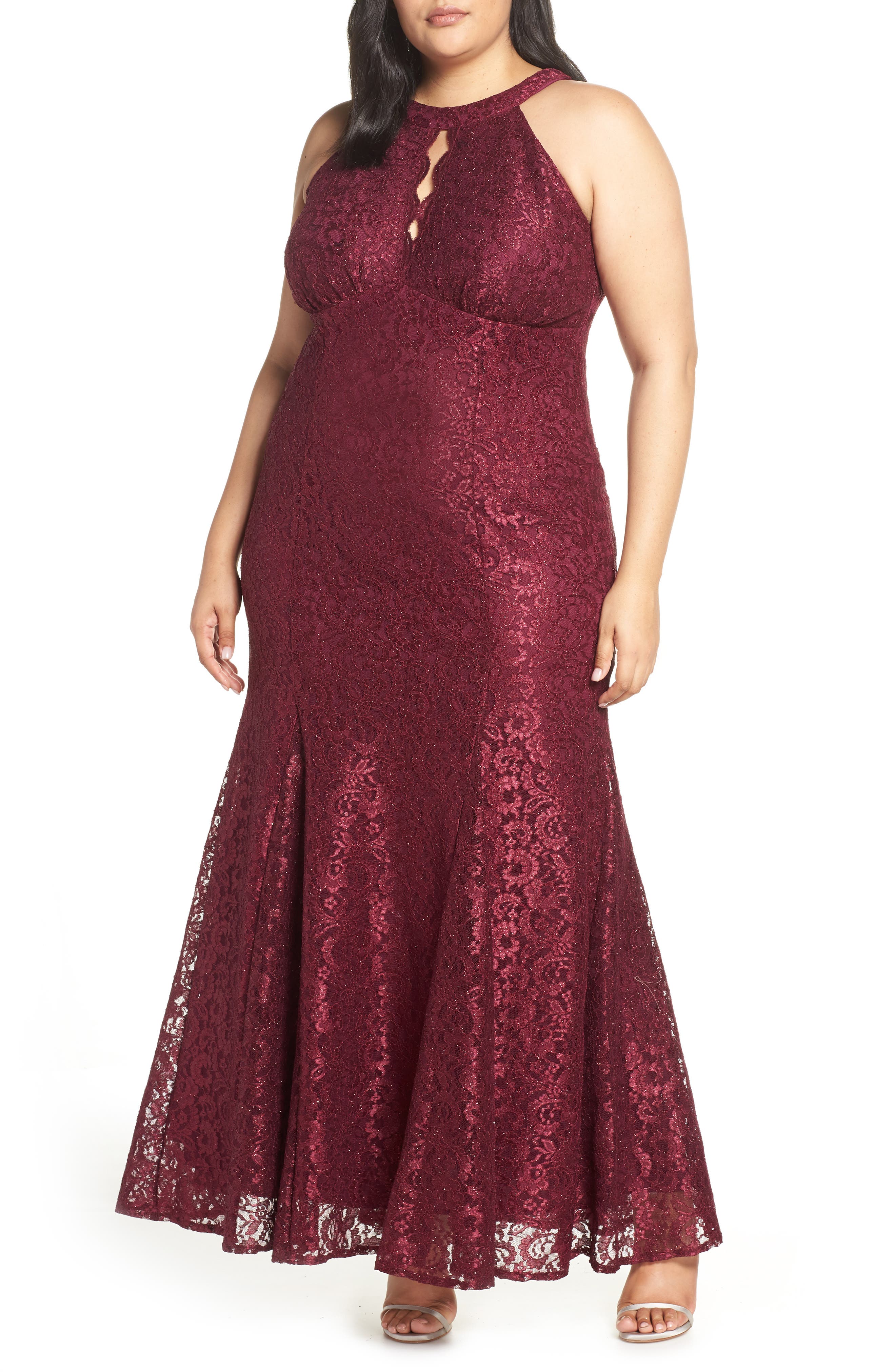 Plus Size Morgan & Co. Glitter Lace Trumpet Gown, Burgundy
