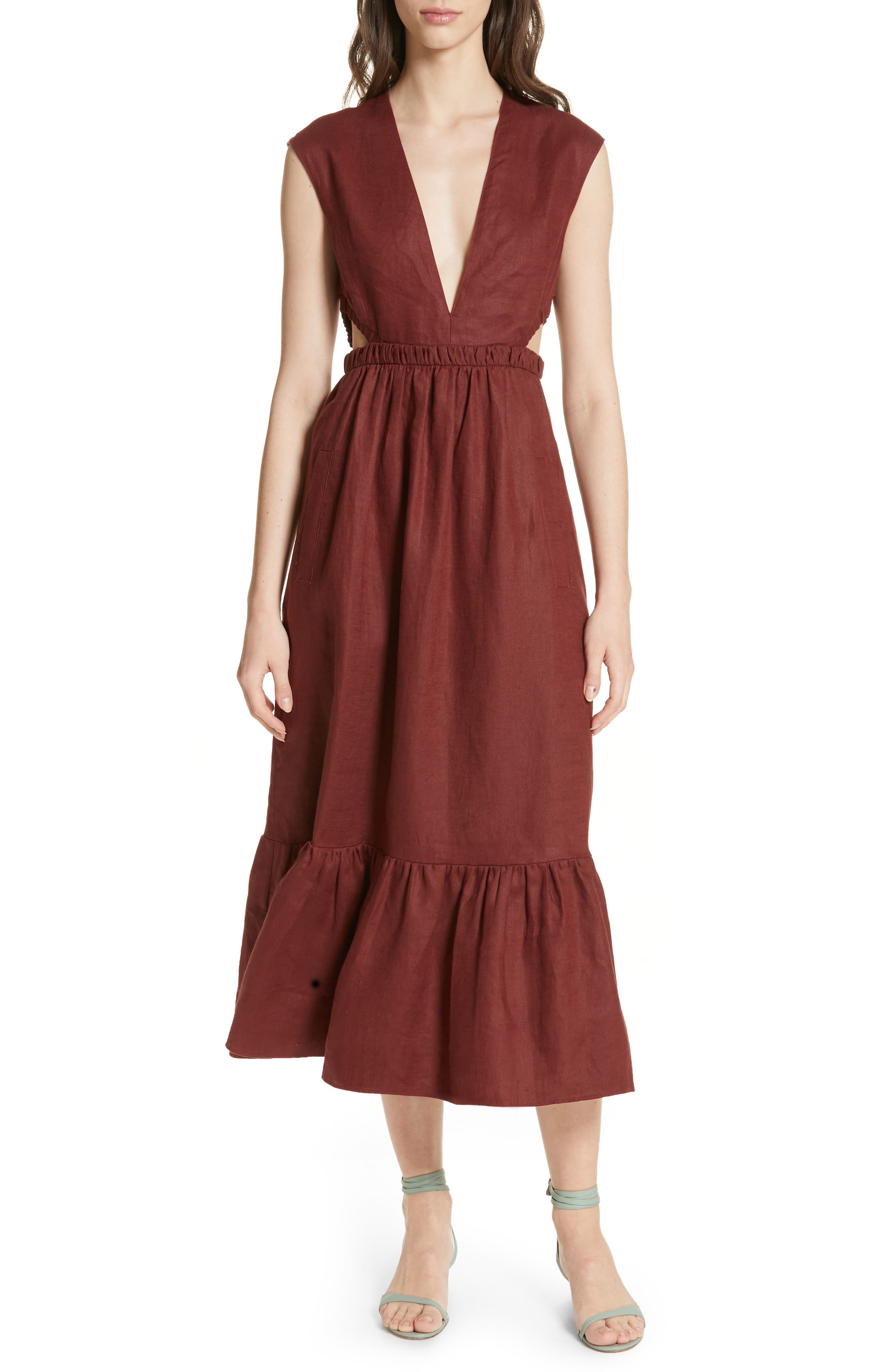 Tibi Cutout Waist Linen Midi Dress