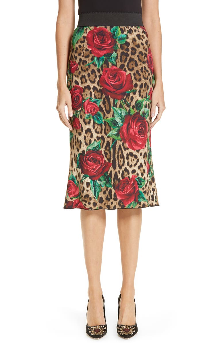 Dolce&Gabbana Rose & Leopard Print Cady Skirt | Nordstrom