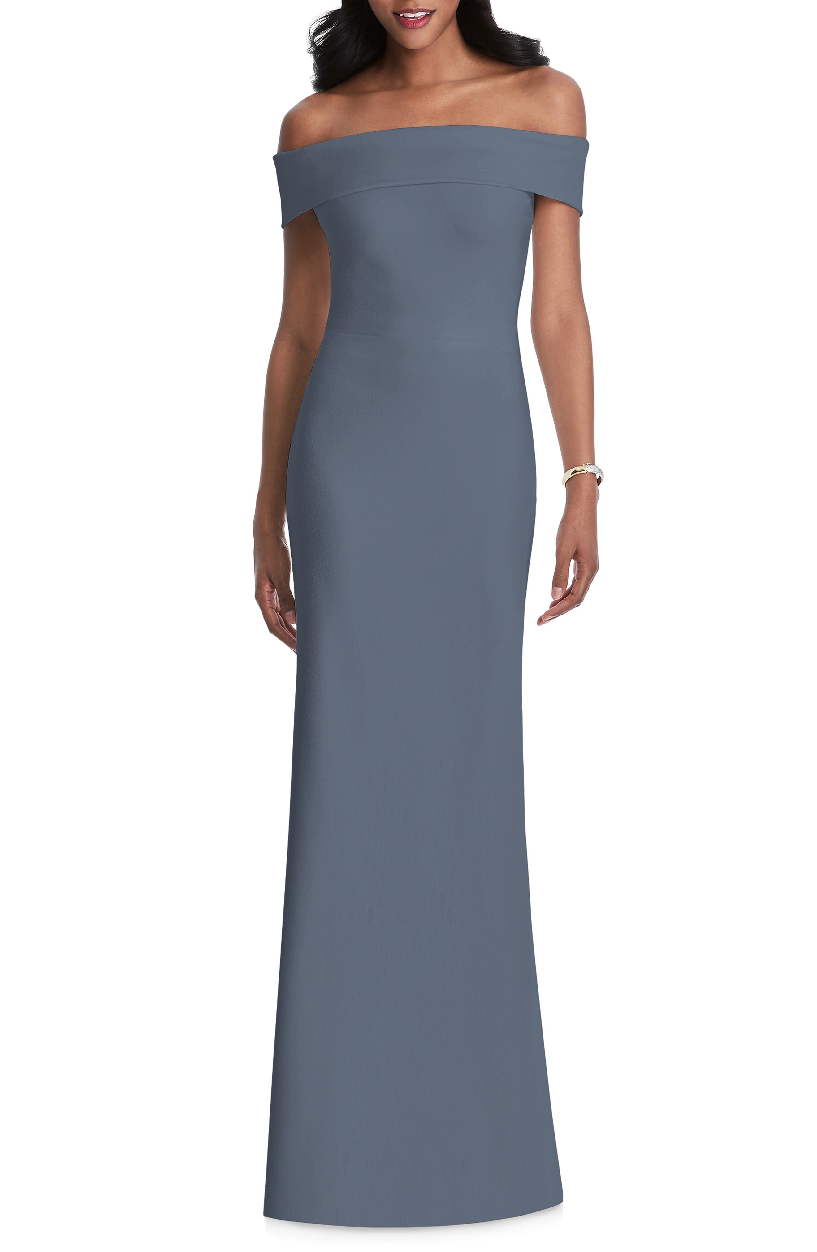 After Six Off The Shoulder Stretch Crepe Gown, Grey