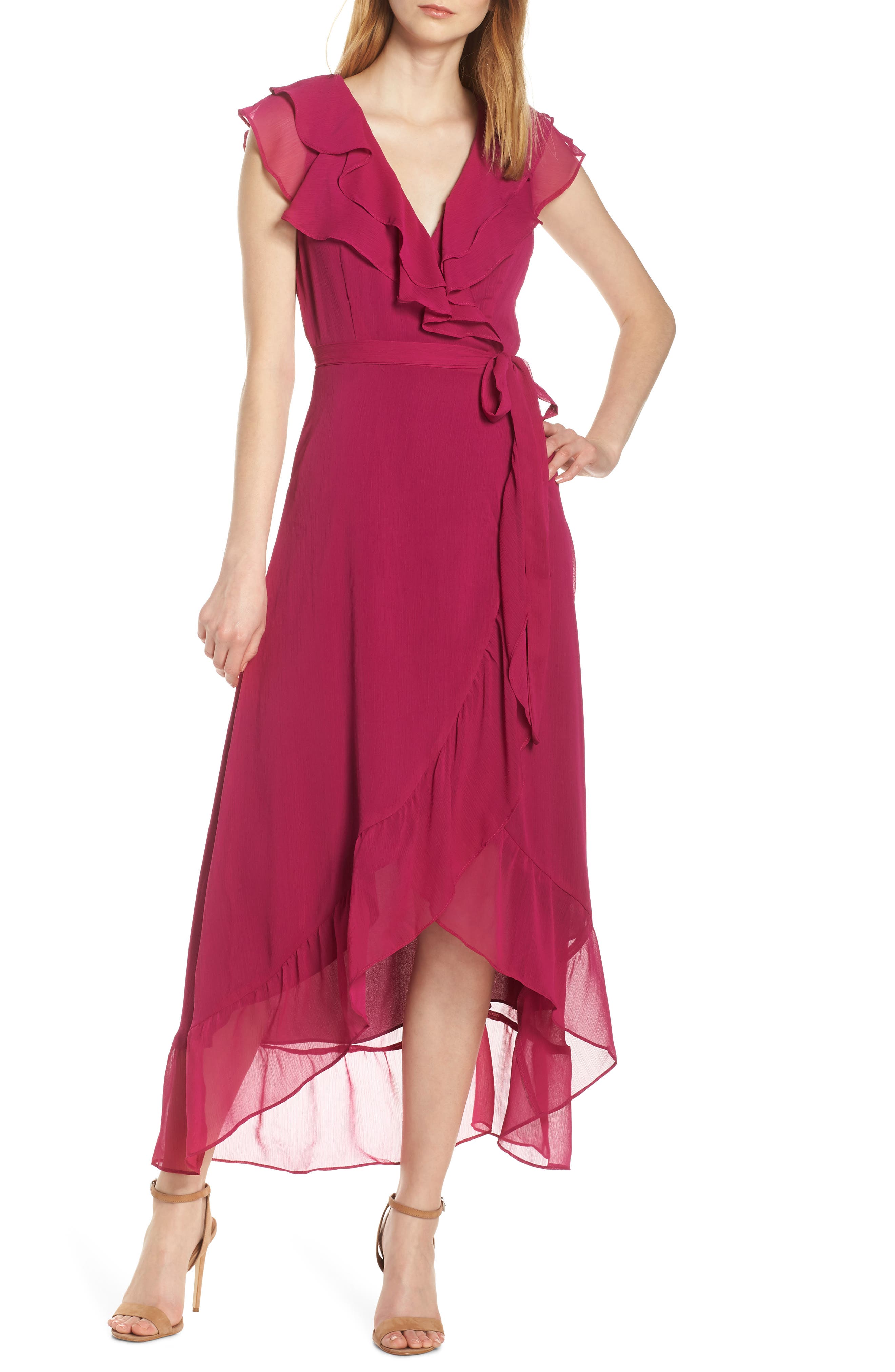Charles Henry Ruffle Wrap Midi Dress, Purple