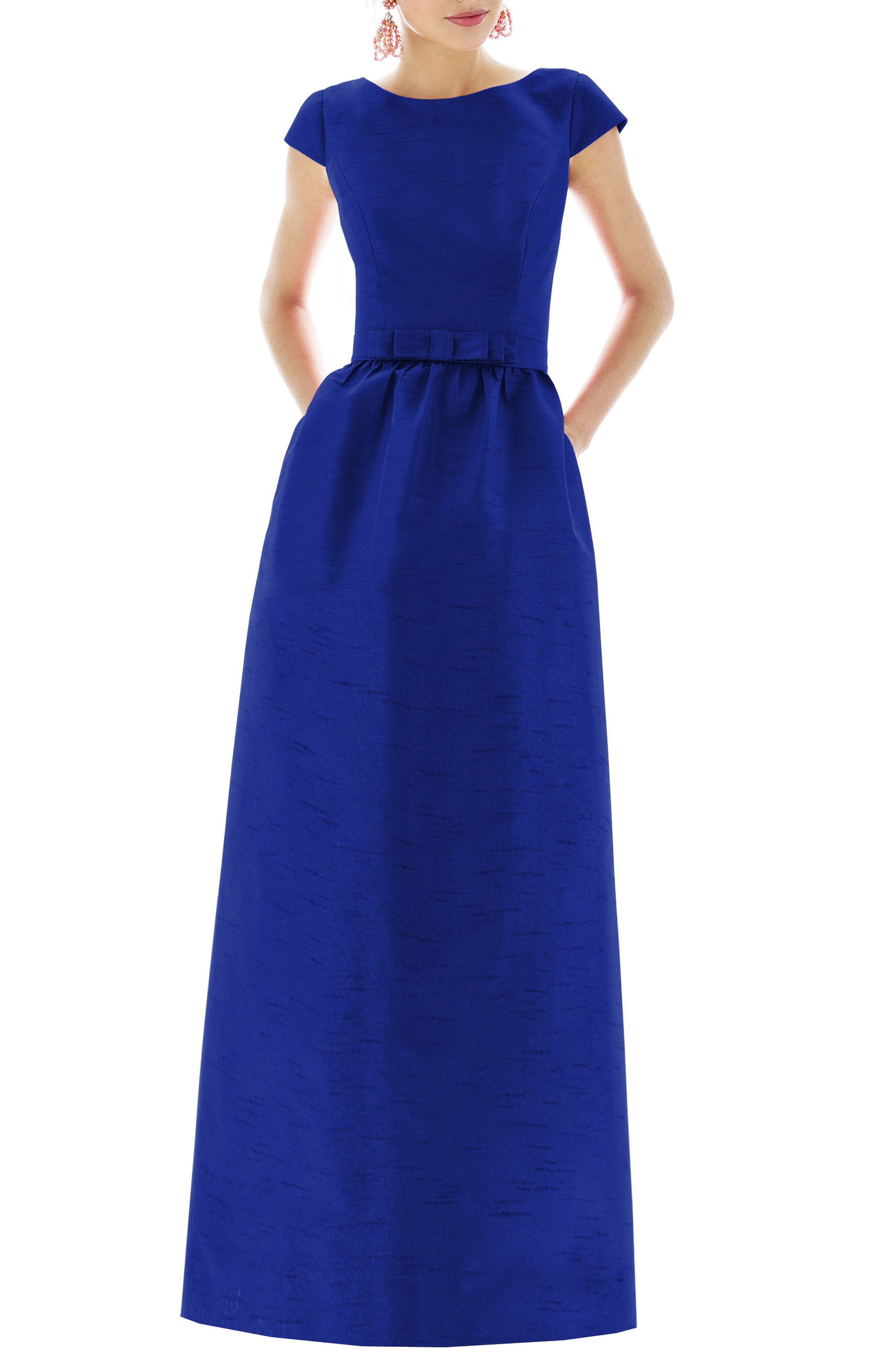 Alfred Sung Cap Sleeve Dupioni Full Length Dress, Blue