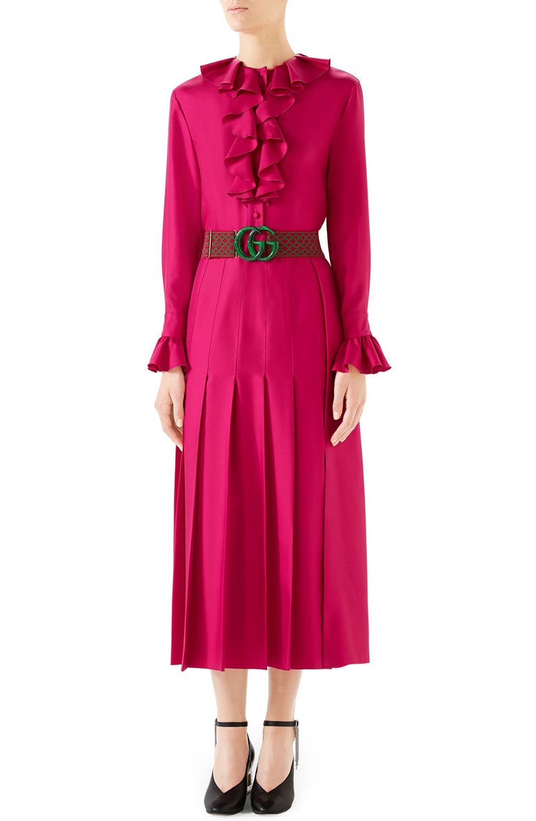 Gucci Belted Ruffle-Trim Silk Twill Peasant Dress In Pink | ModeSens