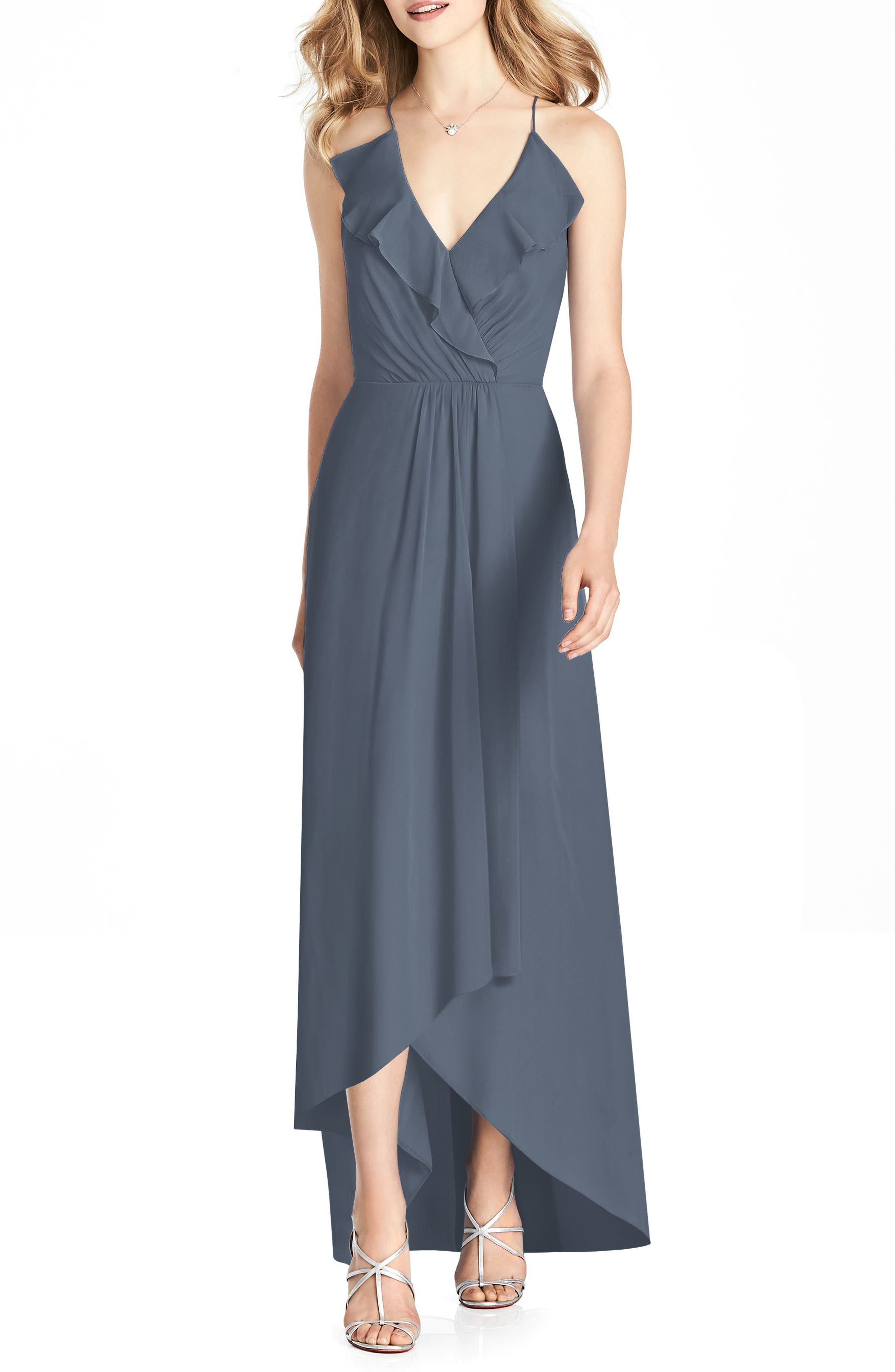 Jenny Packham Ruffle Neck Chiffon Gown, Grey