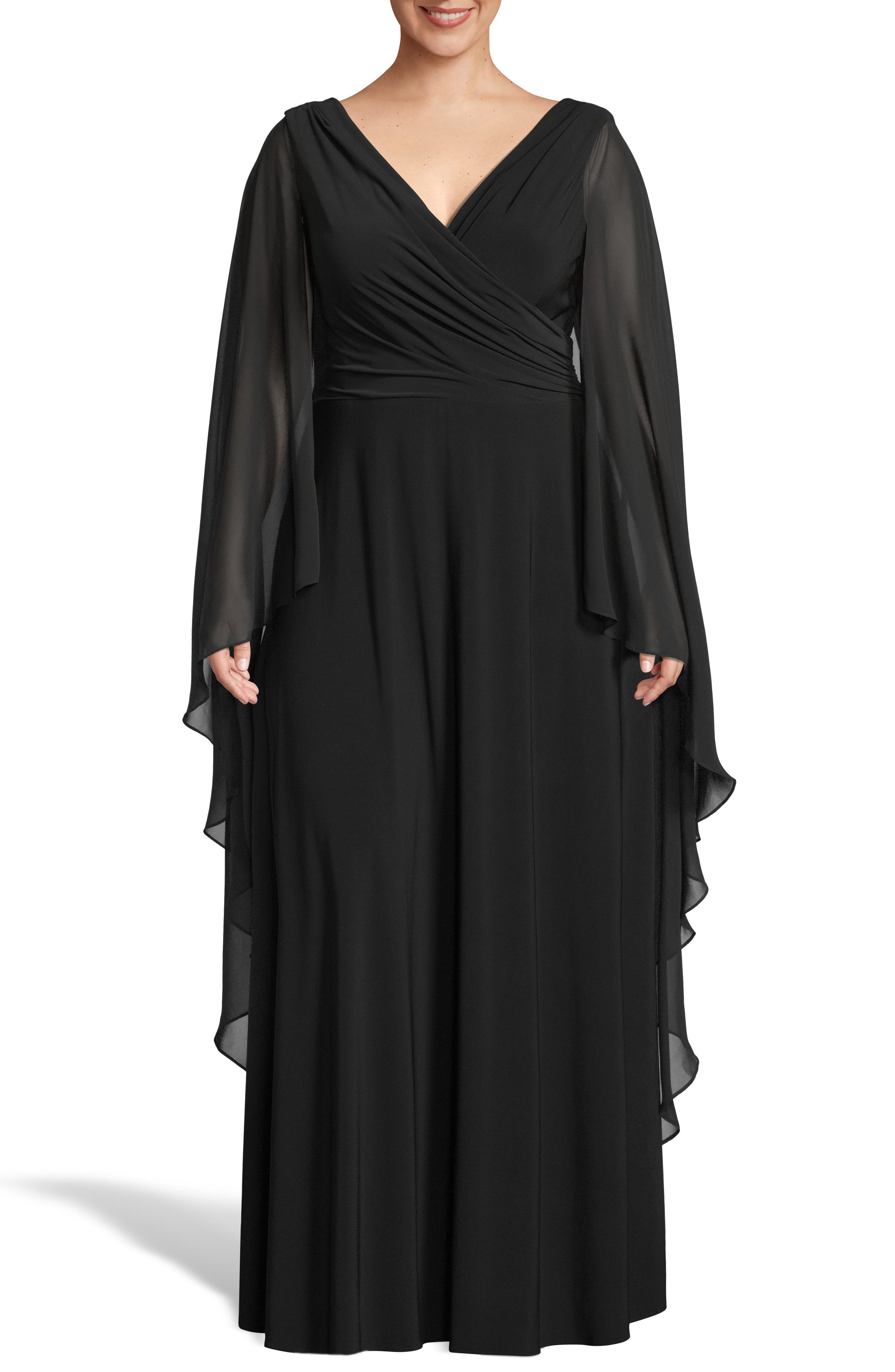 Plus Size Xscape Side Ruched Long Sleeve Chiffon Gown, Black