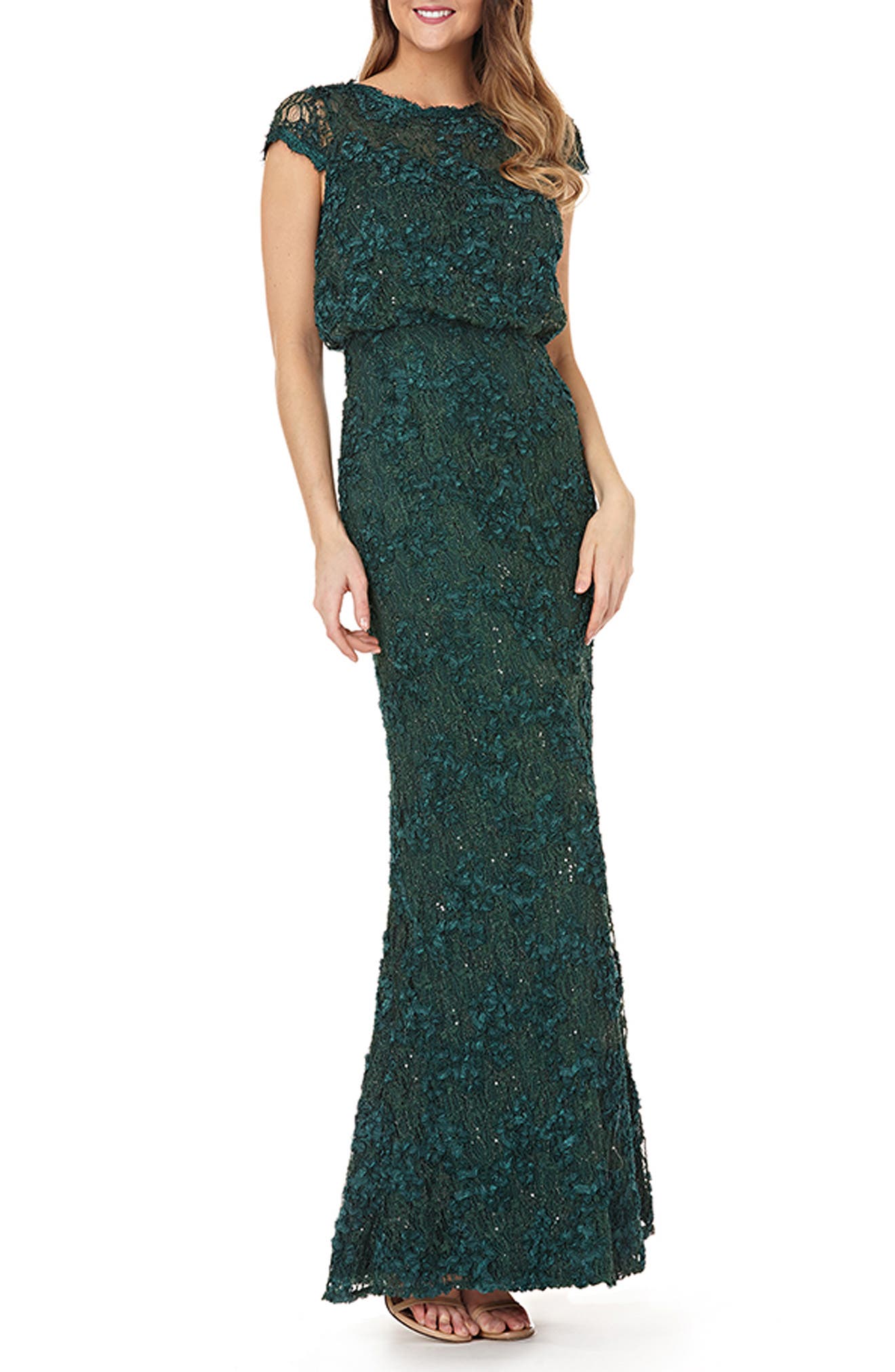 Js Collections Sequin Lace Blouson Gown, Green