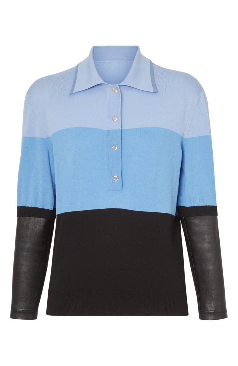 BURBERRY COLORBLOCK LEATHER SLEEVE POLO SWEATER,4548471
