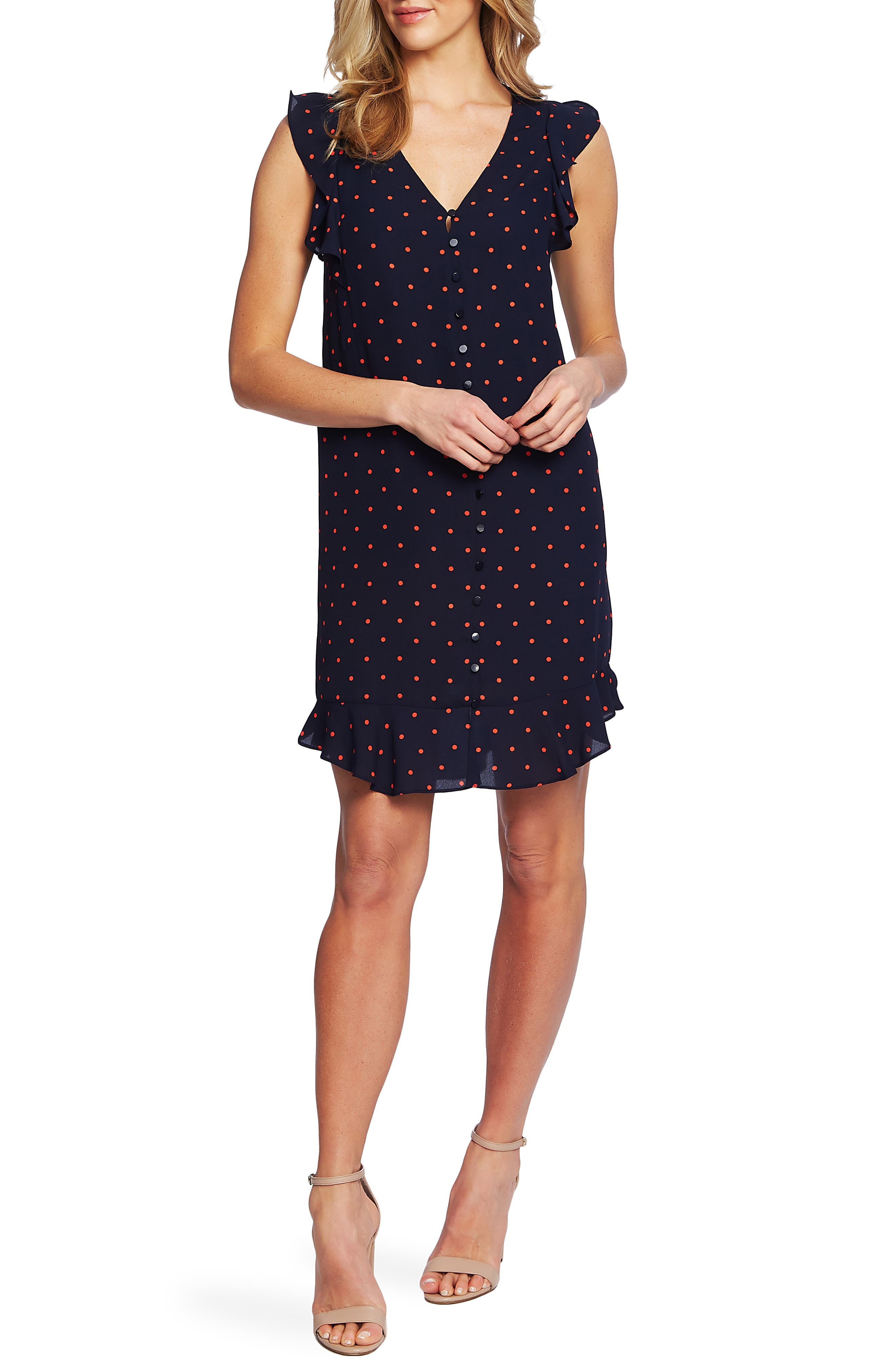 Cece Button Front Shift Dress, Blue