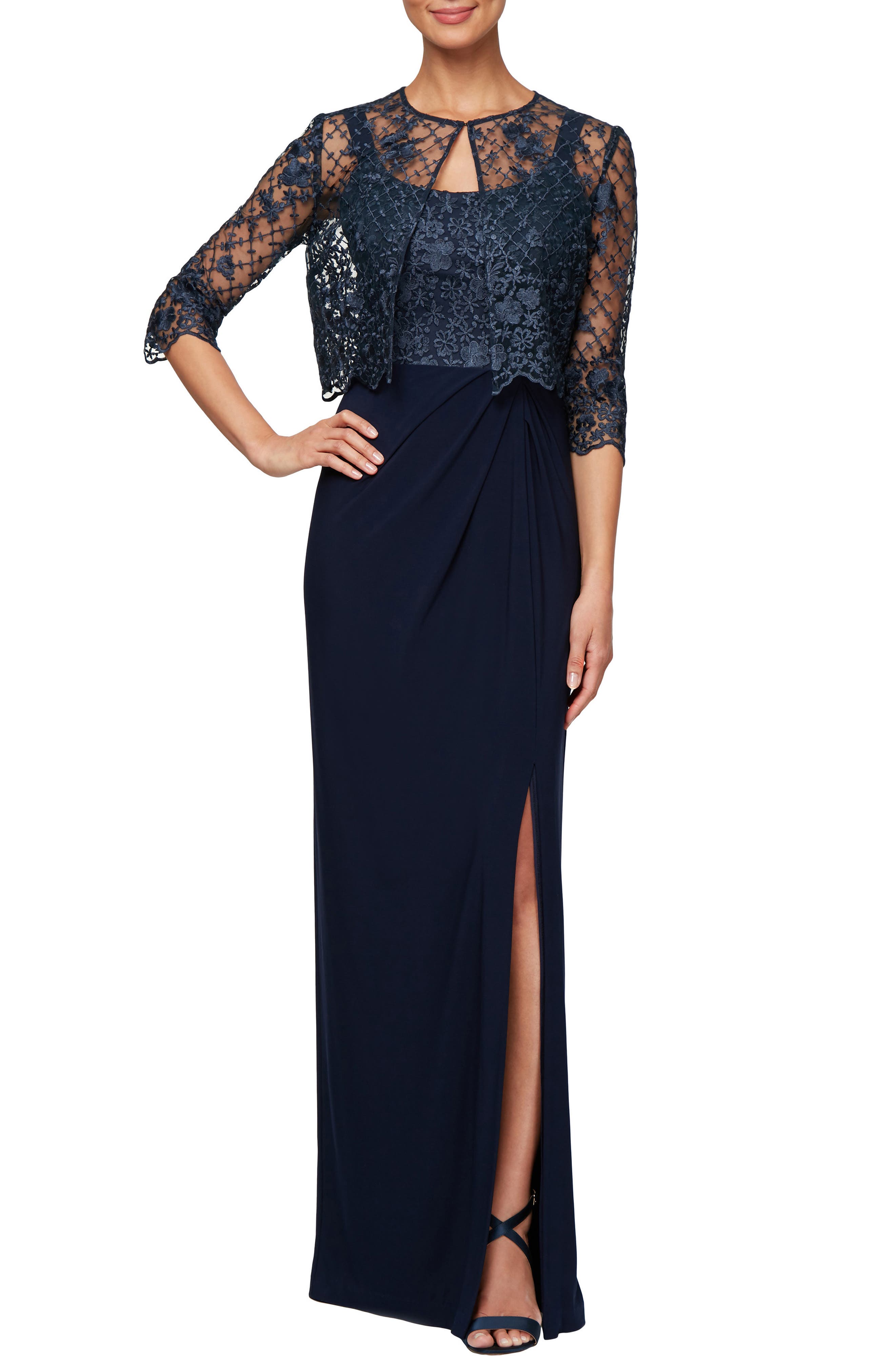 Petite Alex Evenings Sleeveless Evening Dress With Lace Jacket, Blue