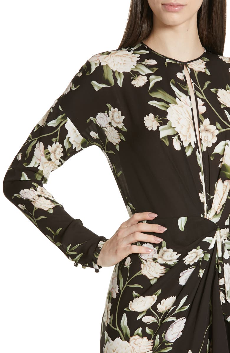 Johanna Ortiz Melodias Salvajes Front Slit Floral Print Silk Dress In Nights In Cali Black/ Ecru