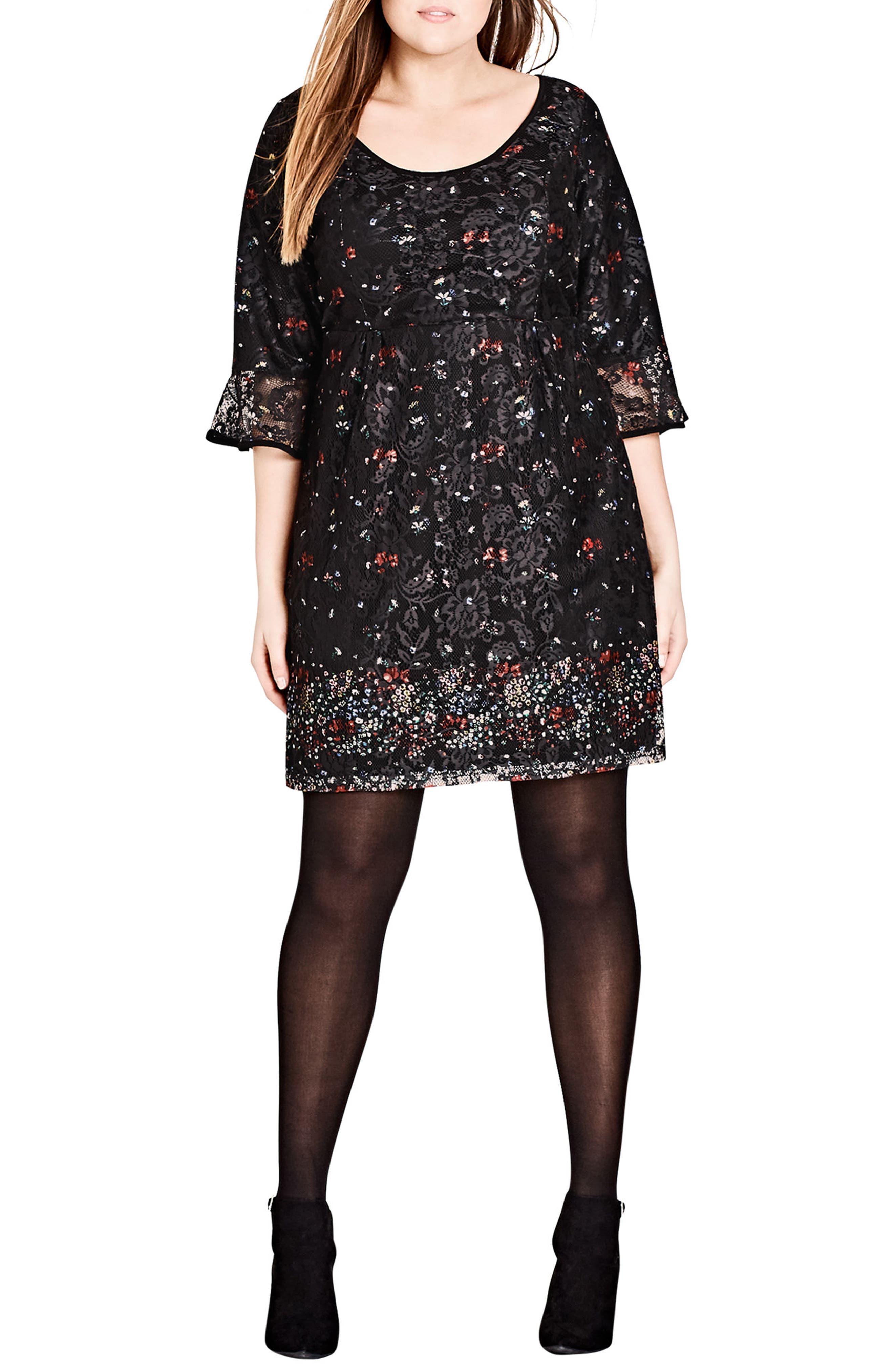 Plus Size City Chic Floral Fields Scoop Neck Lace Dress, Black
