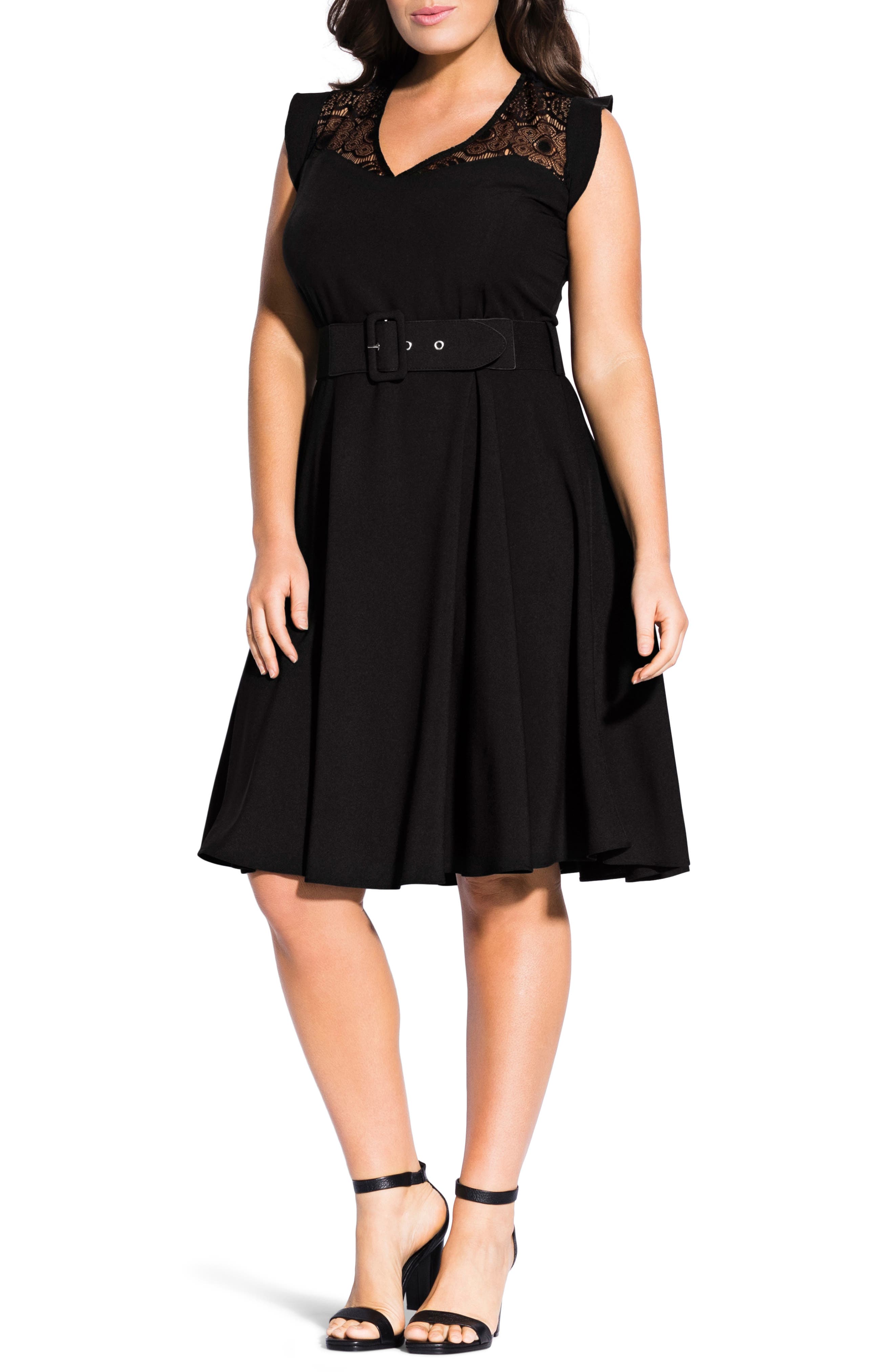 Plus Size City Chic Lace Yoke Fit & Flare Dress, Black