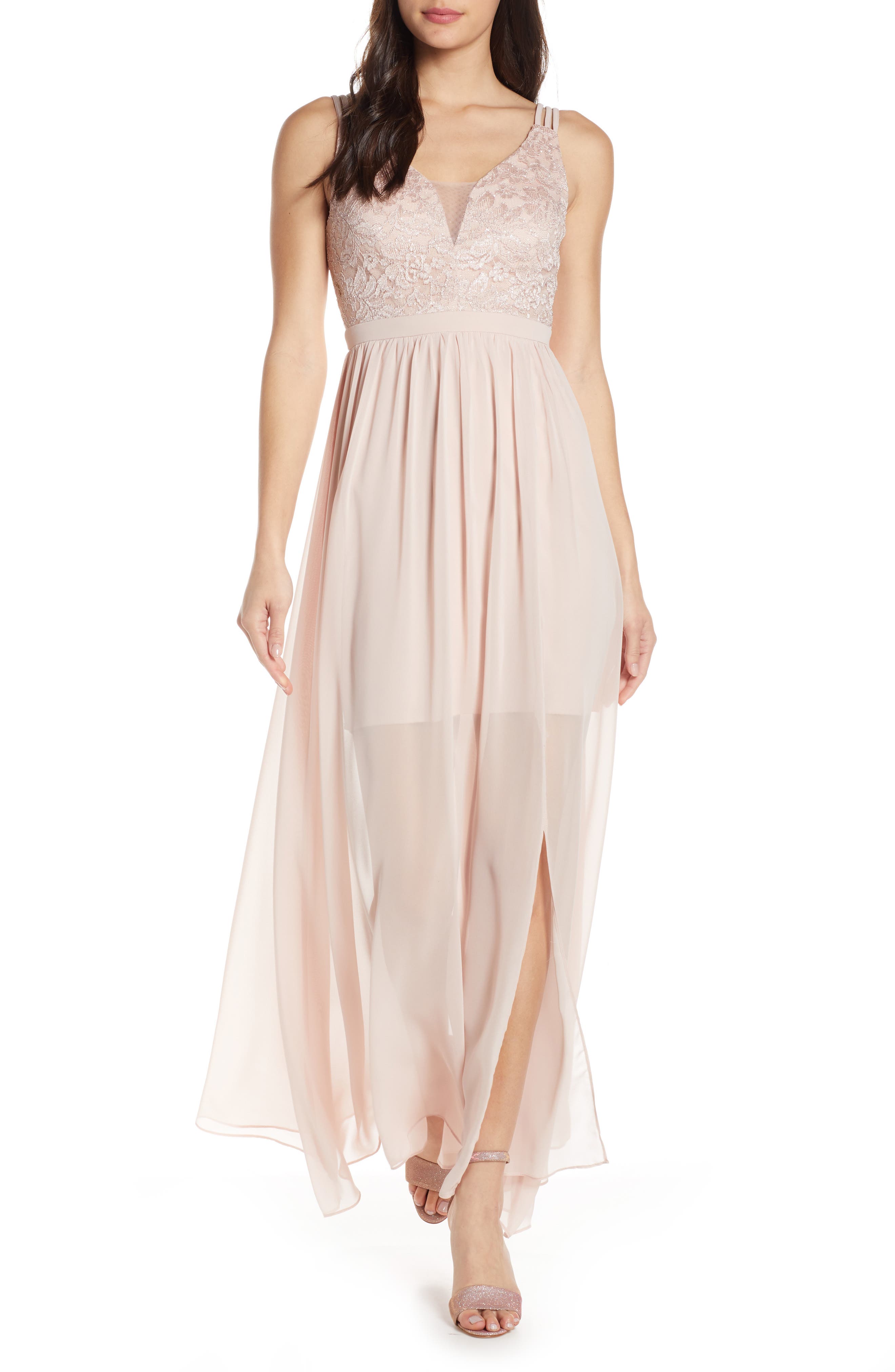 Morgan & Co. Strappy Lace Bodice Chiffon Gown, Beige
