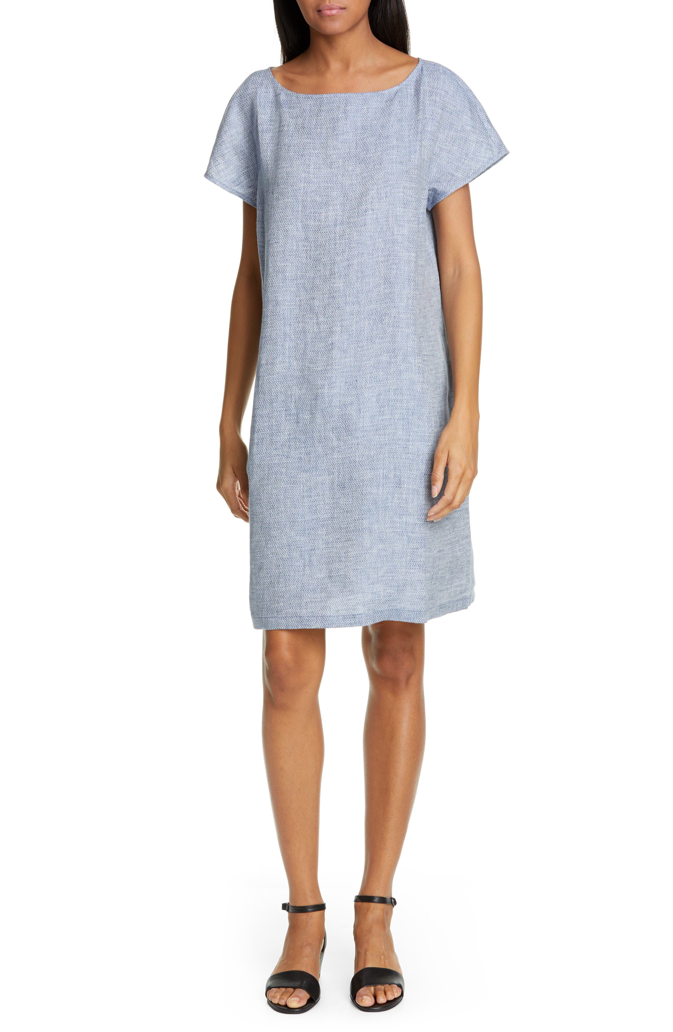 Petite Eileen Fisher Bateau Neck Chambray Shift Dress, Blue