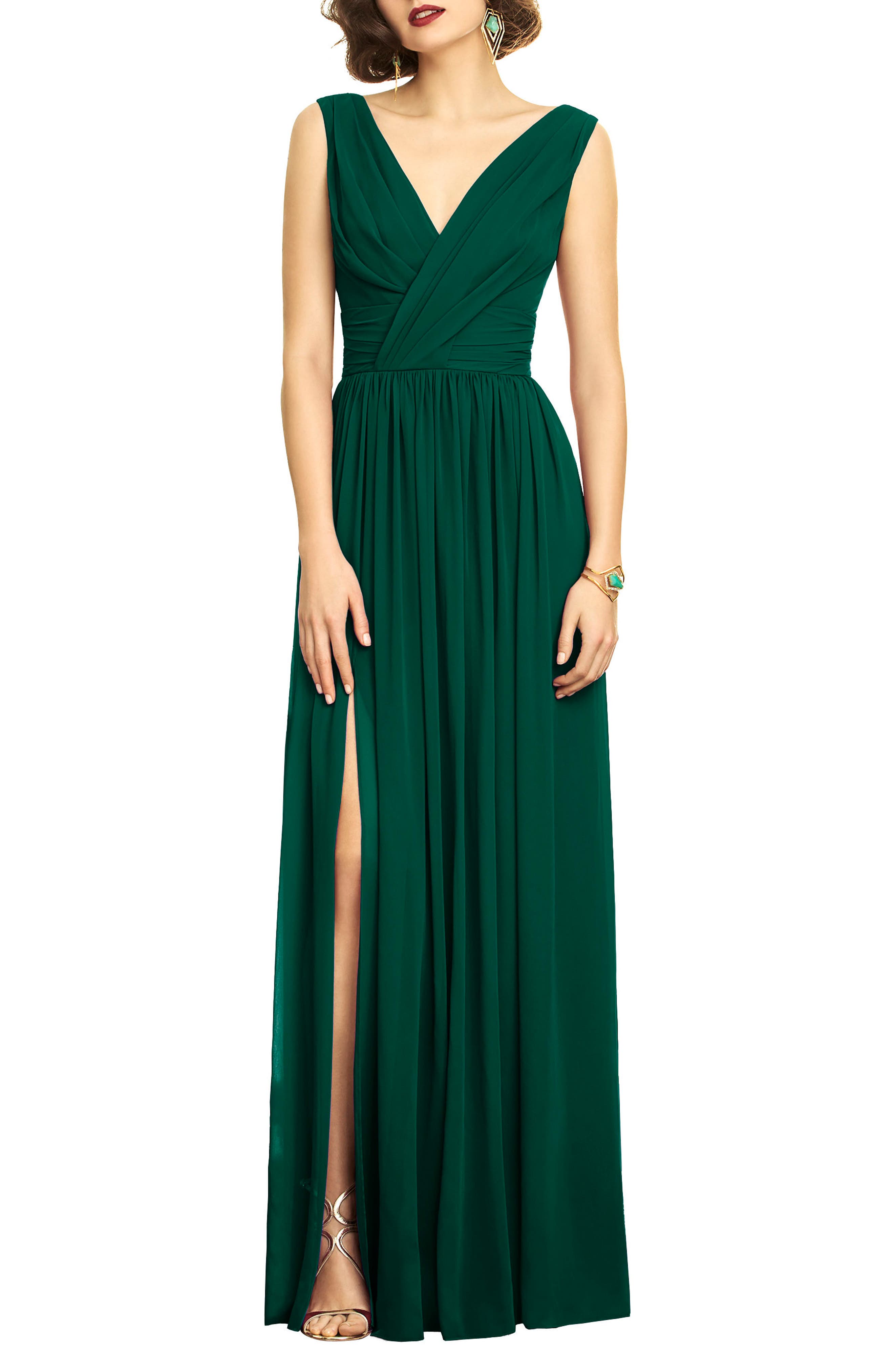 Dessy Collection Lux V-Neck Chiffon Gown, Green