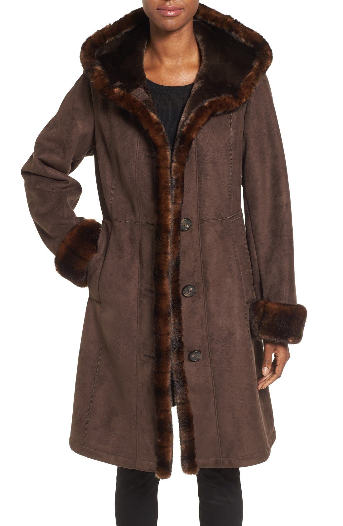 Gallery Hooded Faux Shearling Long ALine Coat Nordstrom