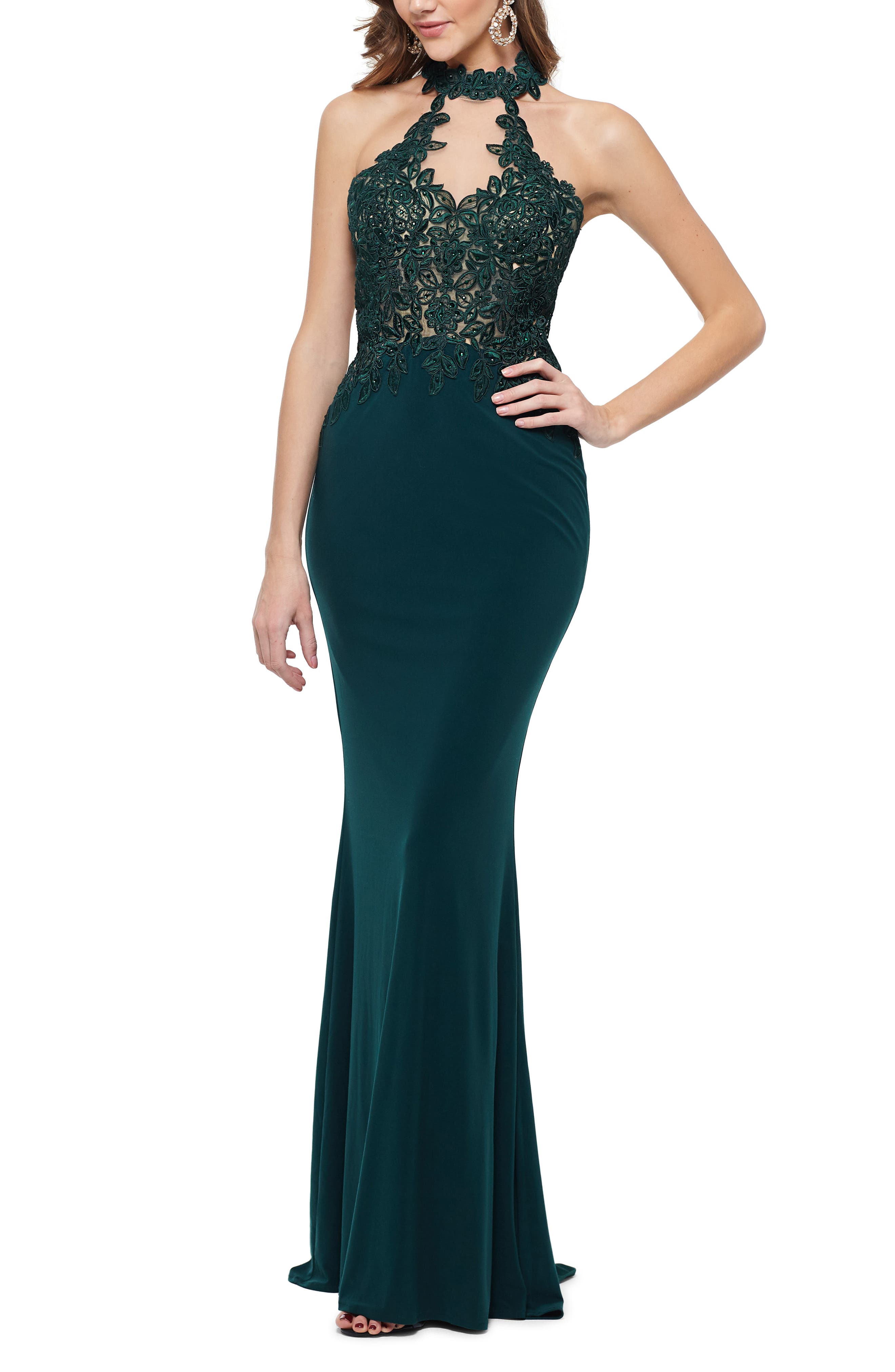 Xscape Embroidered High Neck Illusion Maxi Dress, Green