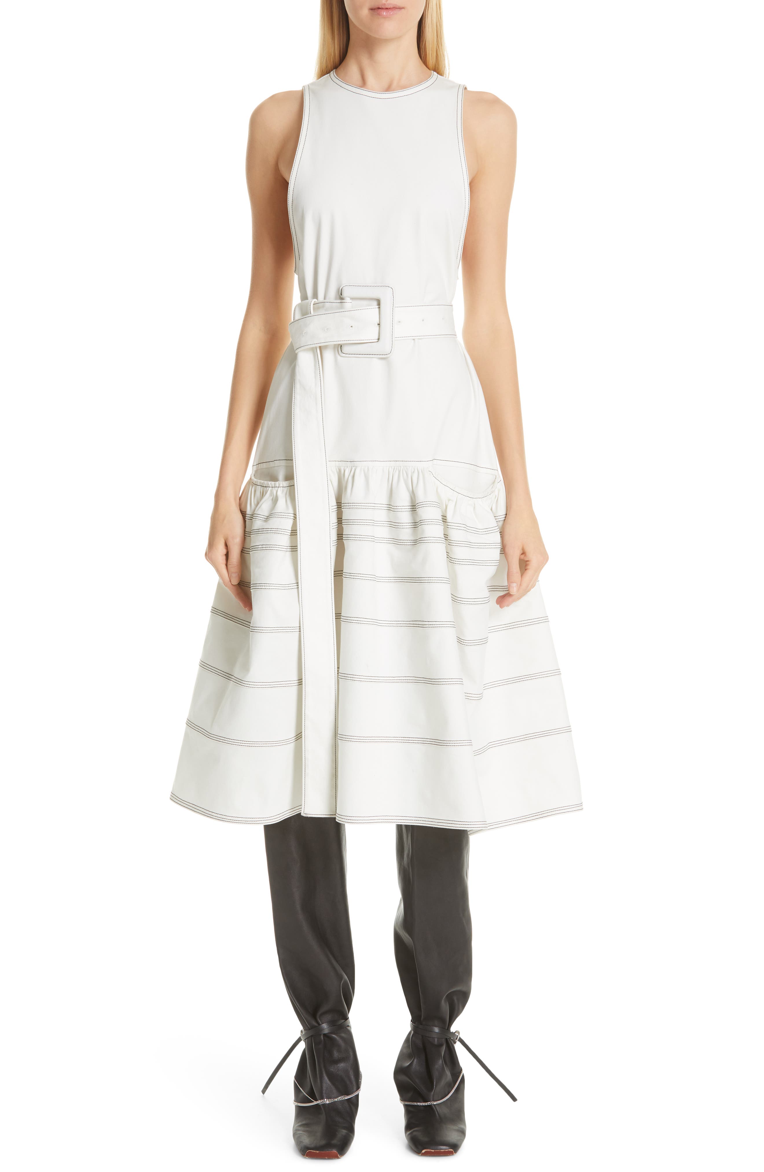 Proenza Schouler Belted Drop Waist Dress, White