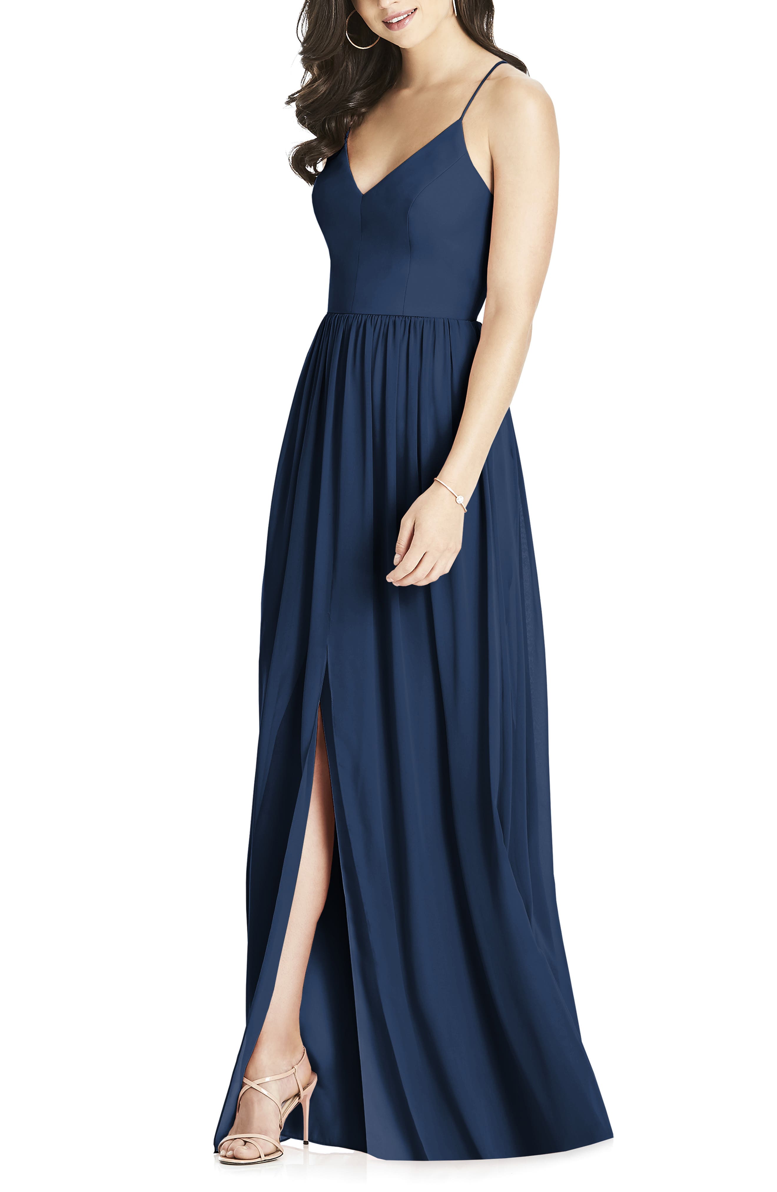 Dessy Collection Spaghetti Strap Chiffon Gown, Blue