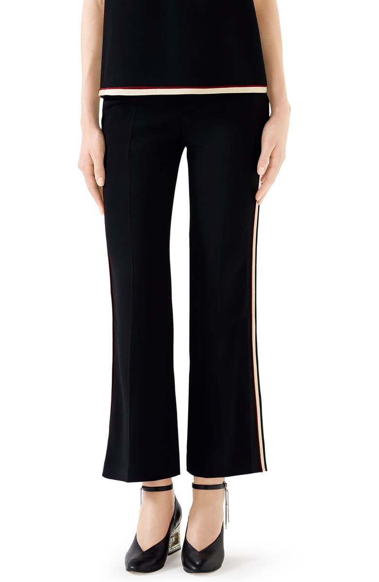 GUCCI SIDE STRIPE STRETCH CADY CROP FLARE PANTS,524709ZKR01