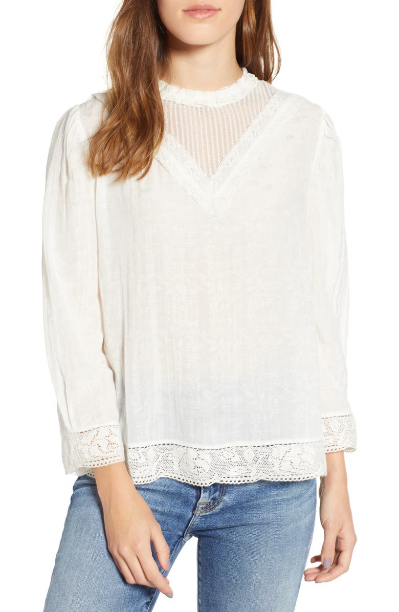 HINGE Lace Detail High Neck Top, Main, color, WHITE SNOW