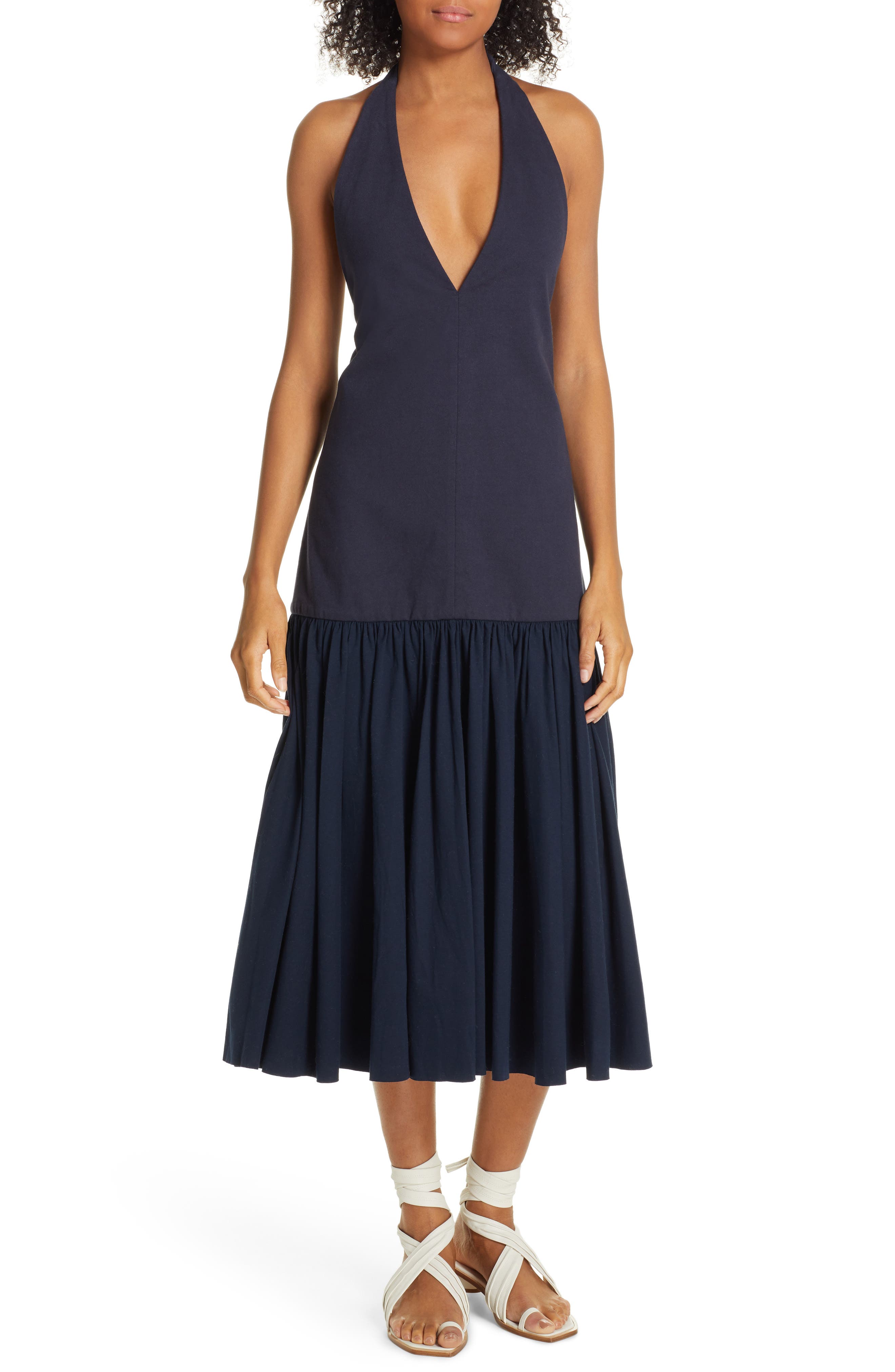 Tibi Deep-V Punto Milano Midi Dress, Blue