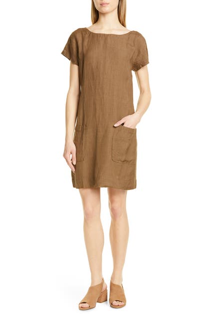 Eileen Fisher Dresses BATEAU NECK LINEN BLEND SHIFT DRESS