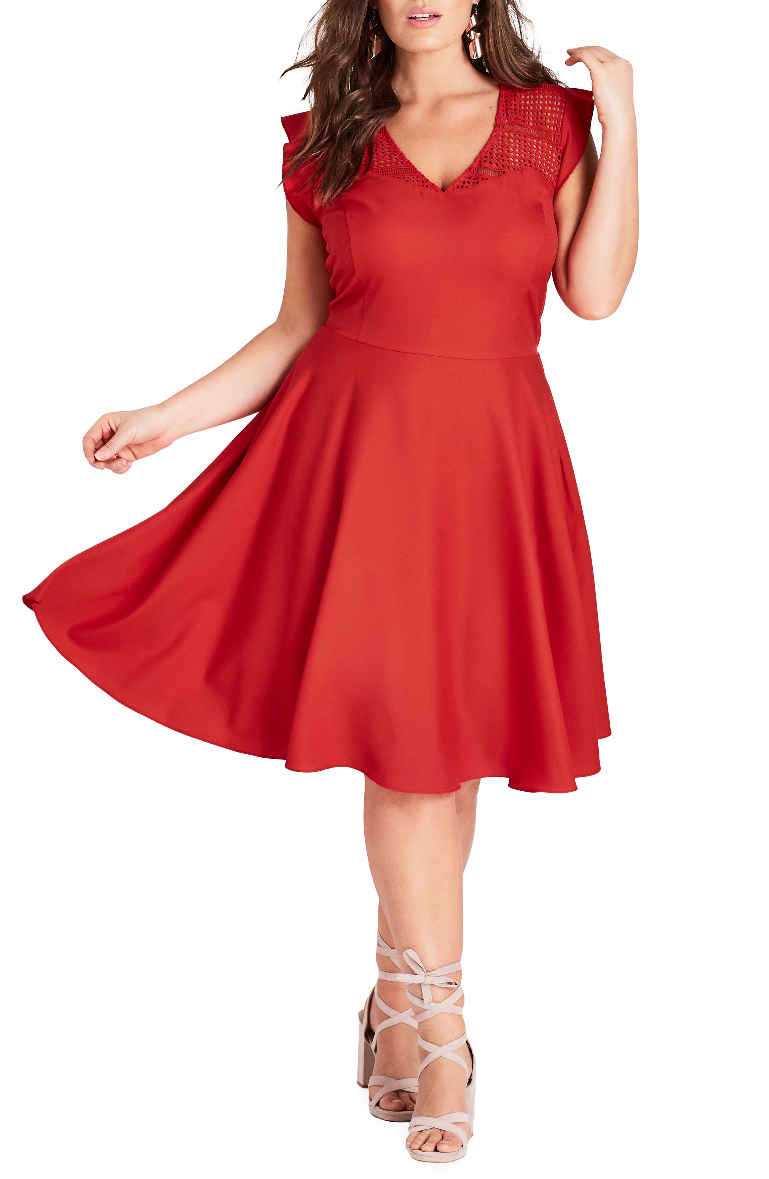 Plus Size City Chic First Place Crochet Yoke Fit & Flare Dress, Red