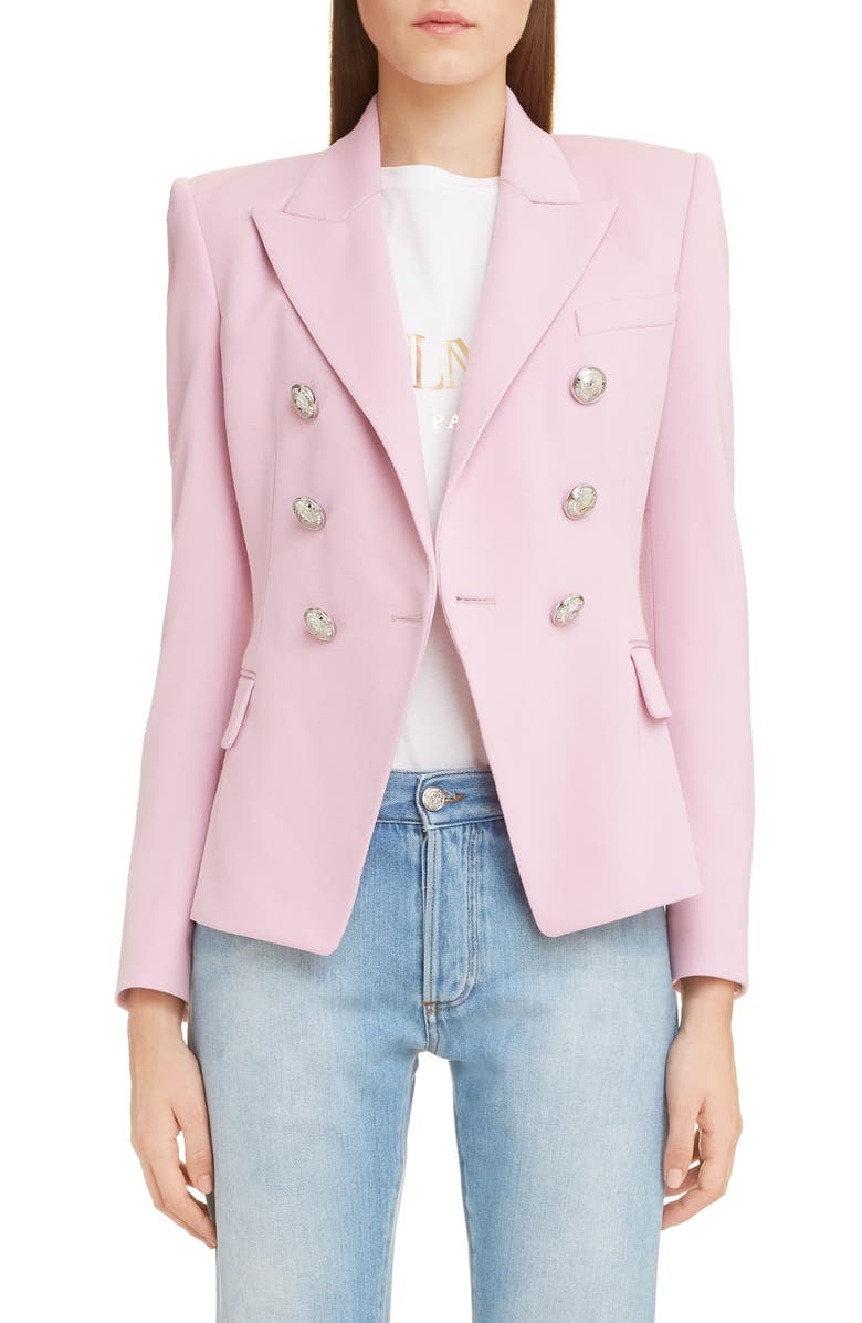 Balmain Classic Double-Breasted Grain De Poudre Blazer In Pink