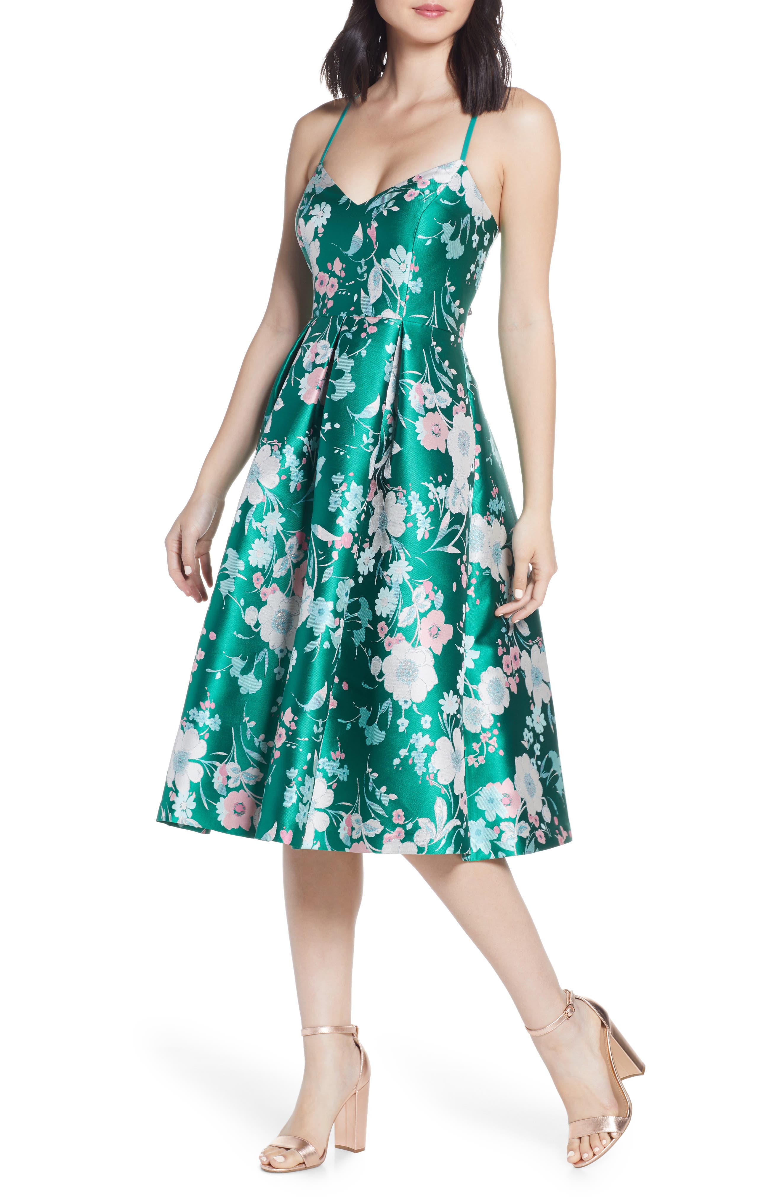 Eliza J Floral Jacquard Fit & Flare Dress, Green
