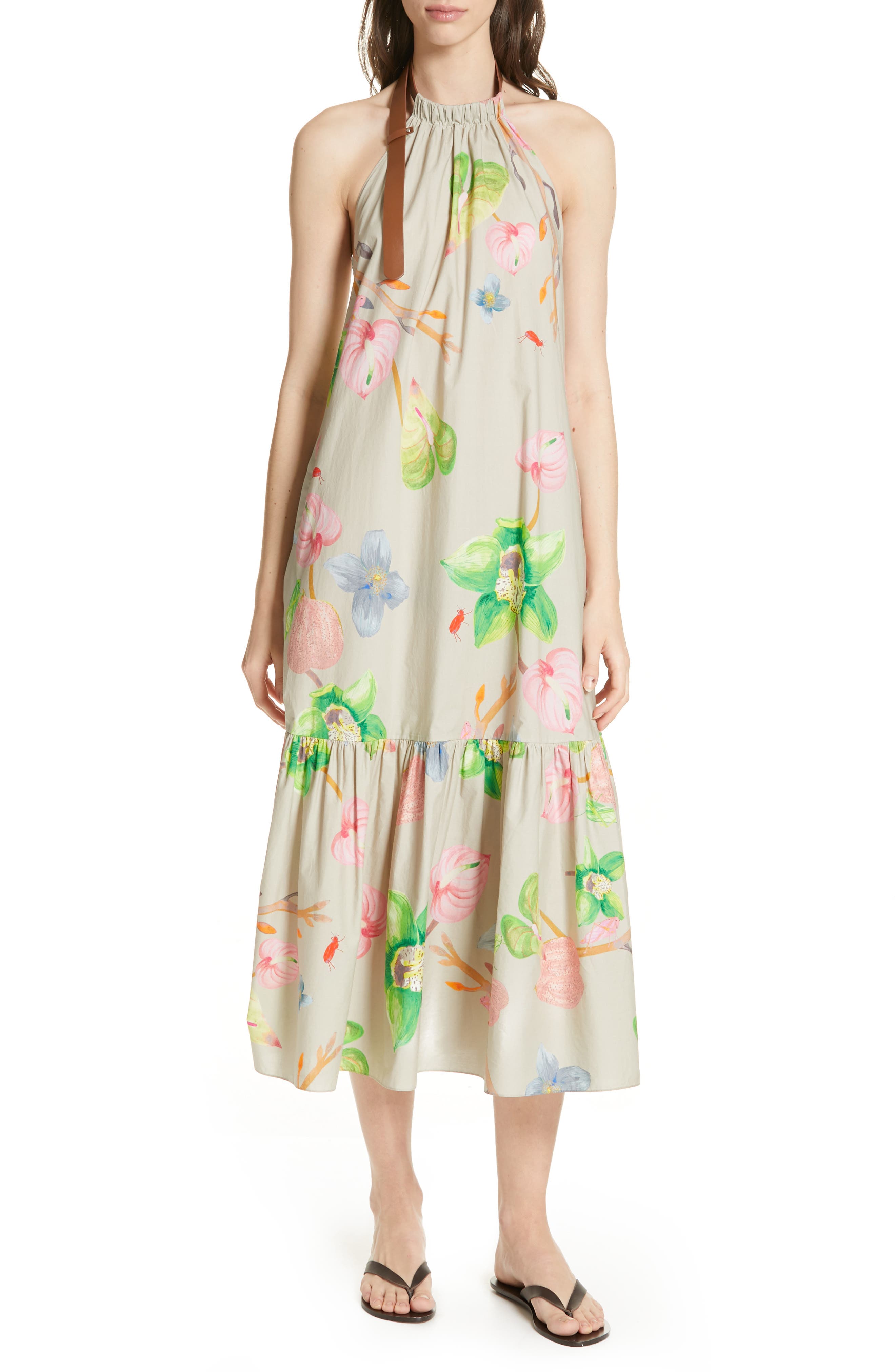 Tibi Linnea Floral Print Poplin Halter Midi Dress, Beige