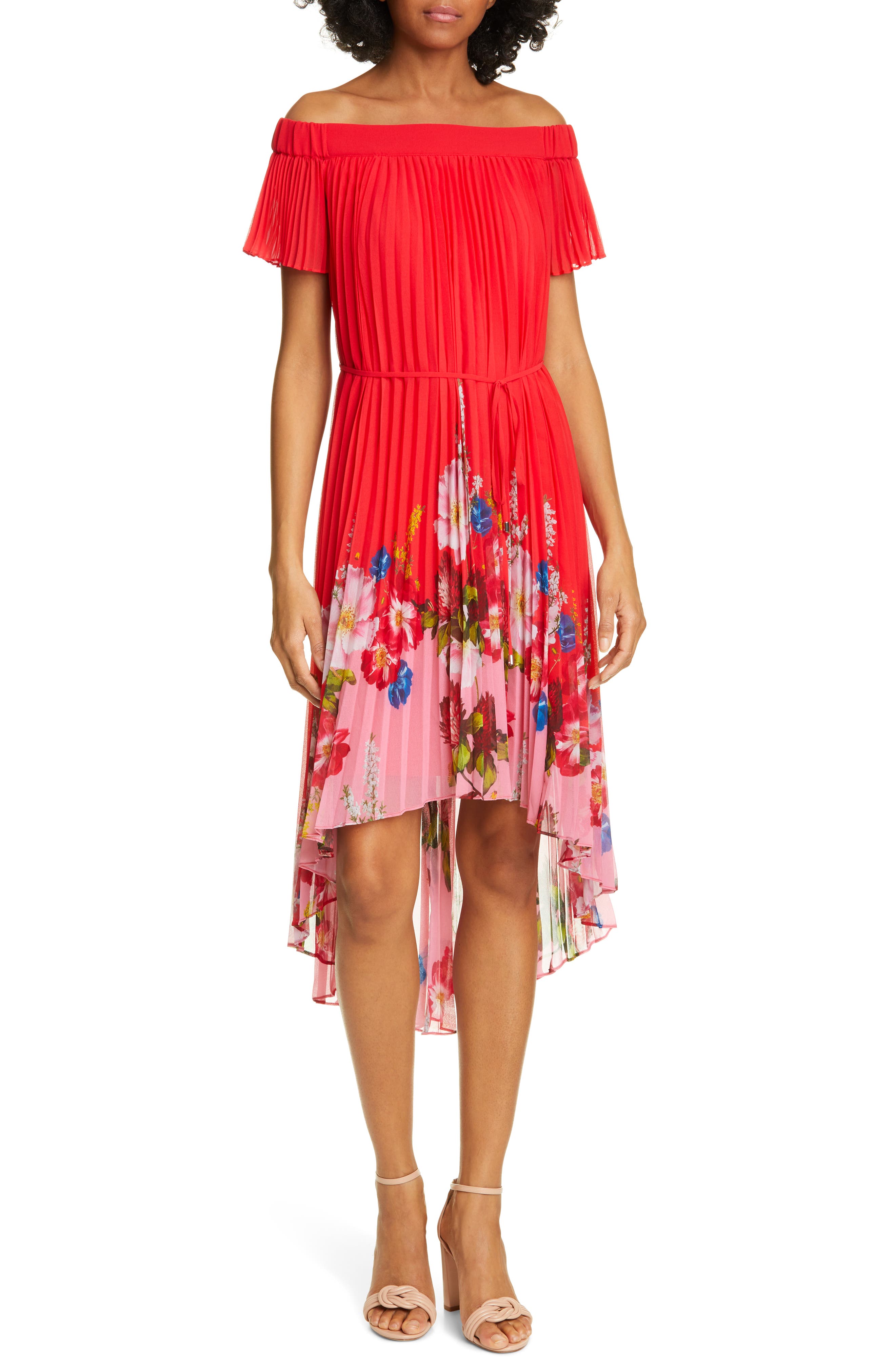 Ted Baker London Berry Sundae Floral Pleat Off The Shoulder Dress, Red