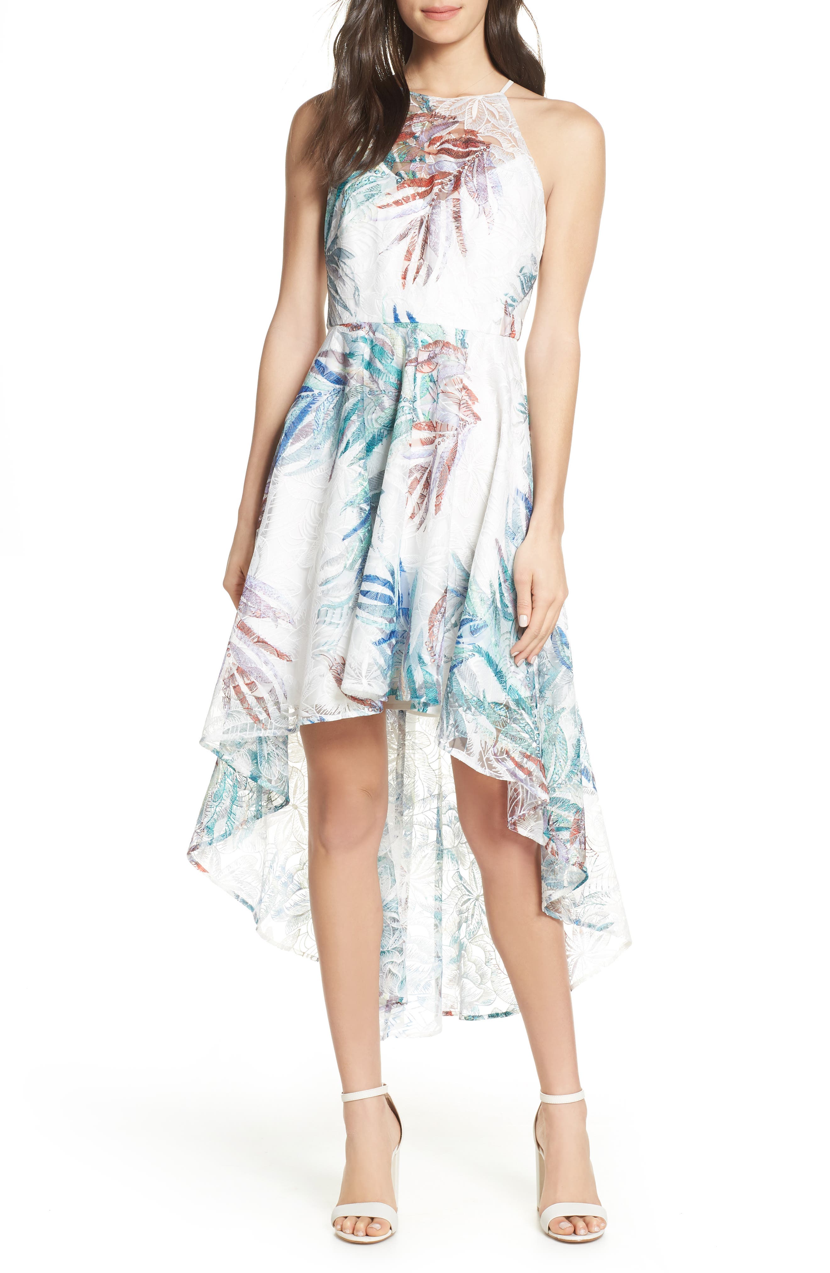 Mark + James By Badgley Mischka Leaf Embroidered High/low Dress, White