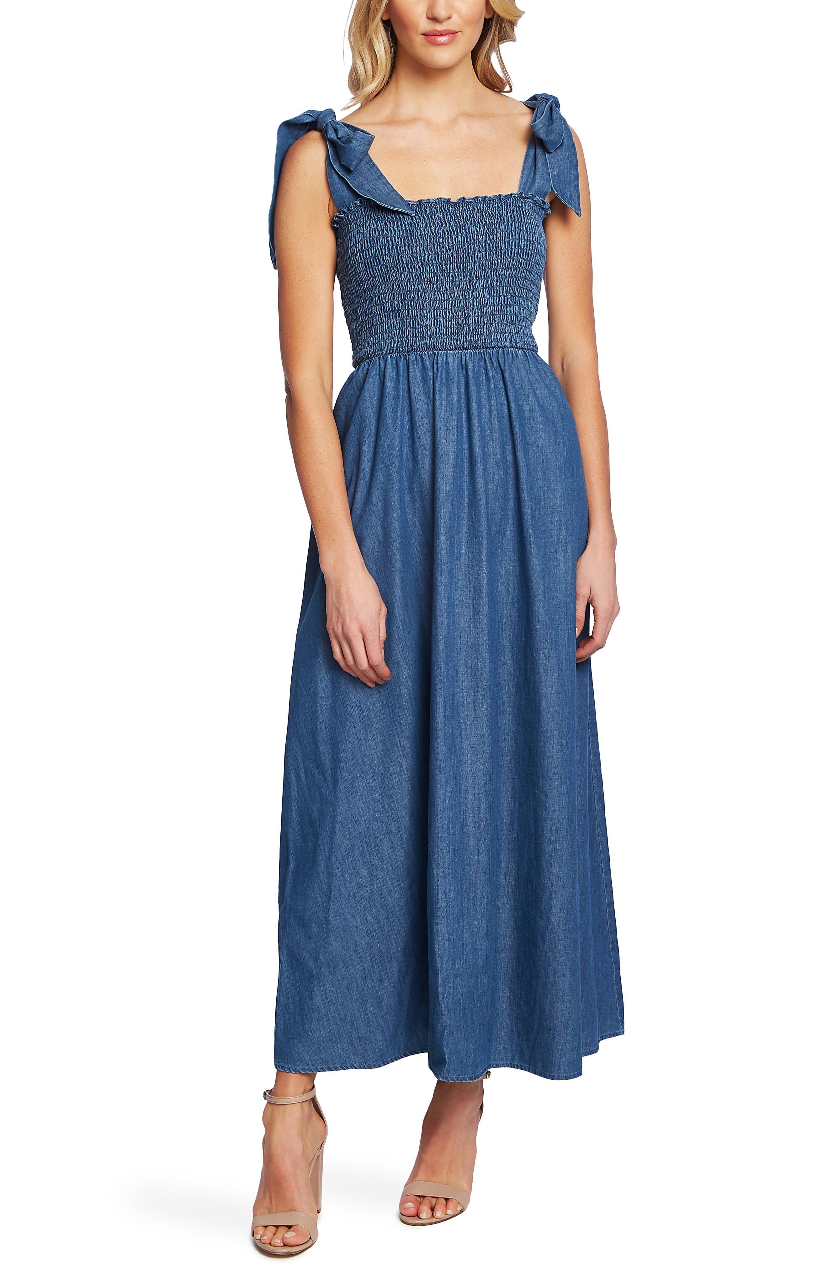 Cece Tie Shoulder Smocked Denim Maxi Dress, Blue