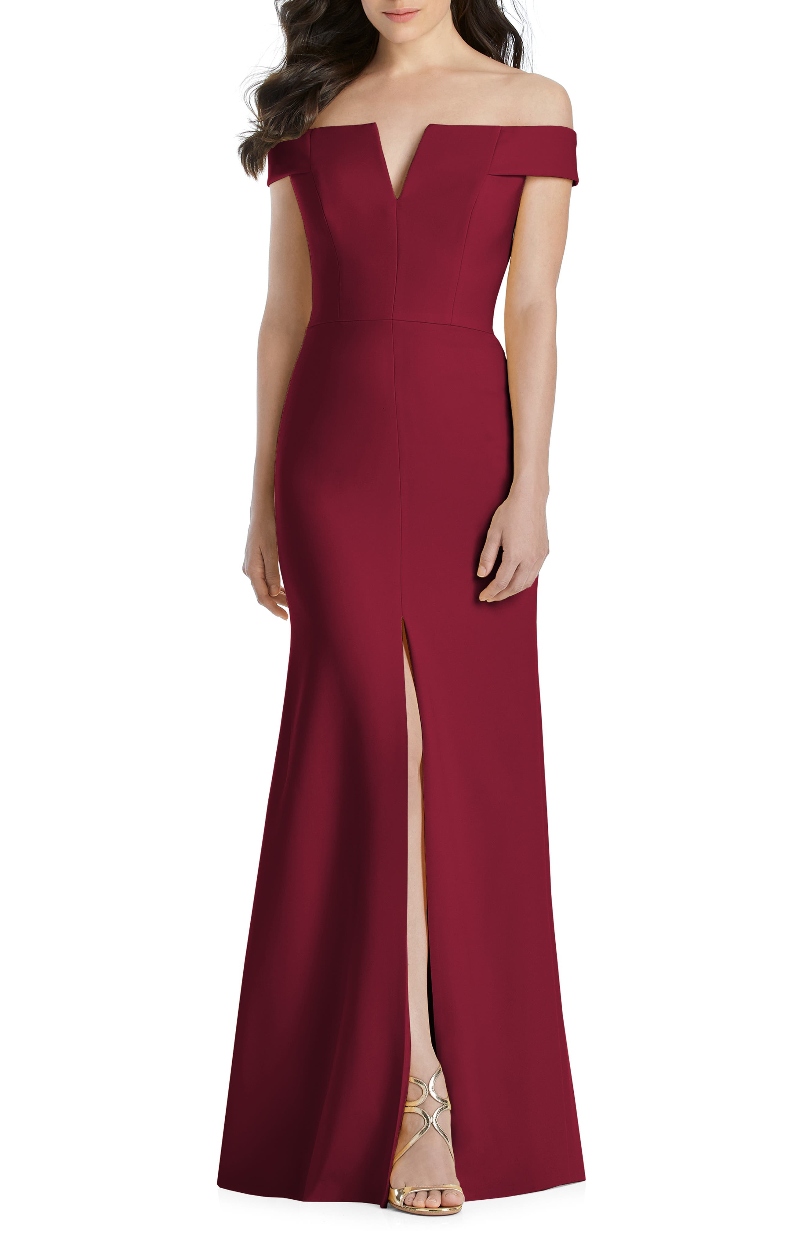 Dessy Collection Notched Off The Shoulder Crepe Gown, Burgundy