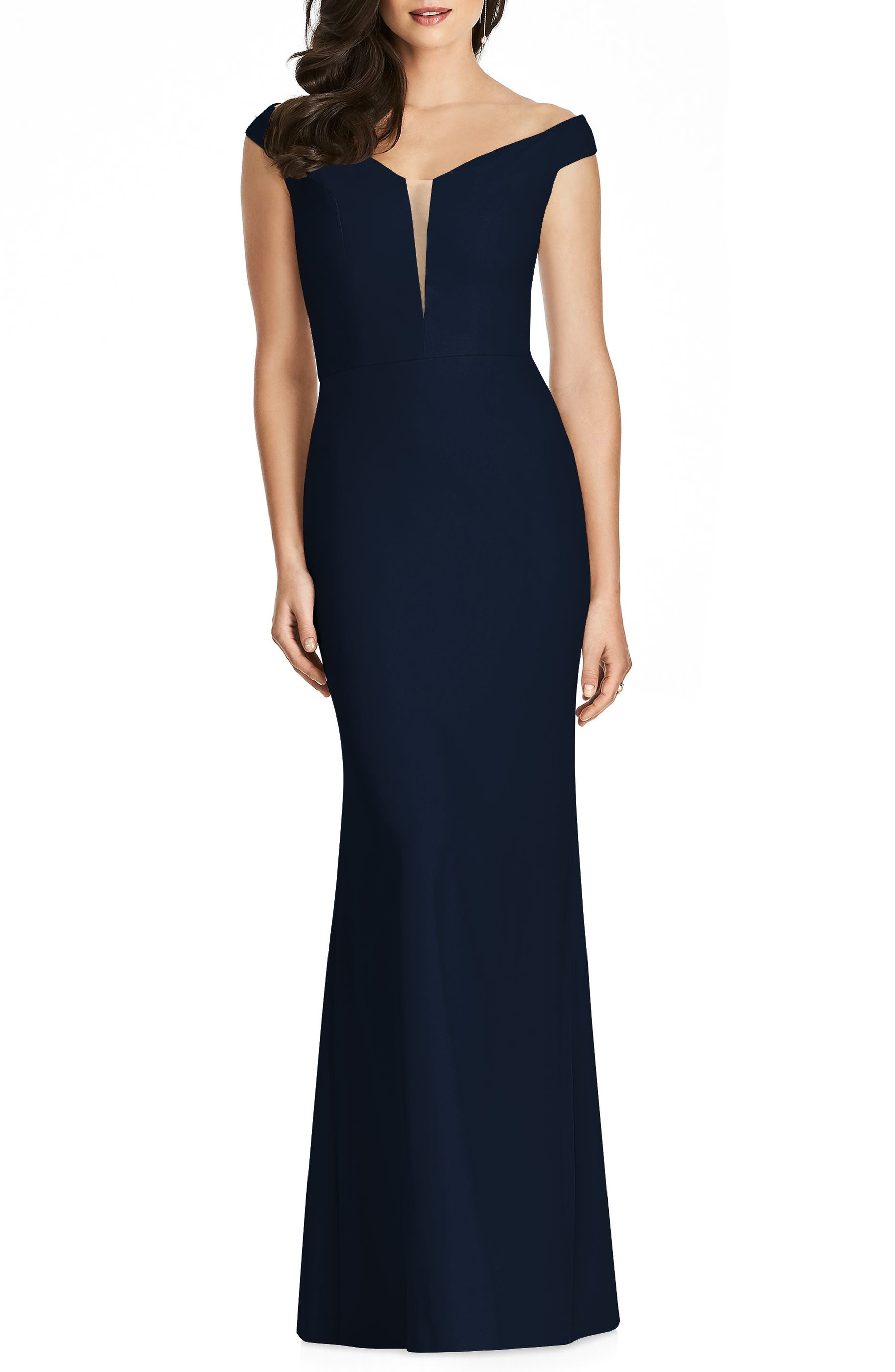 Dessy Collection Off The Shoulder Crepe Gown, Blue