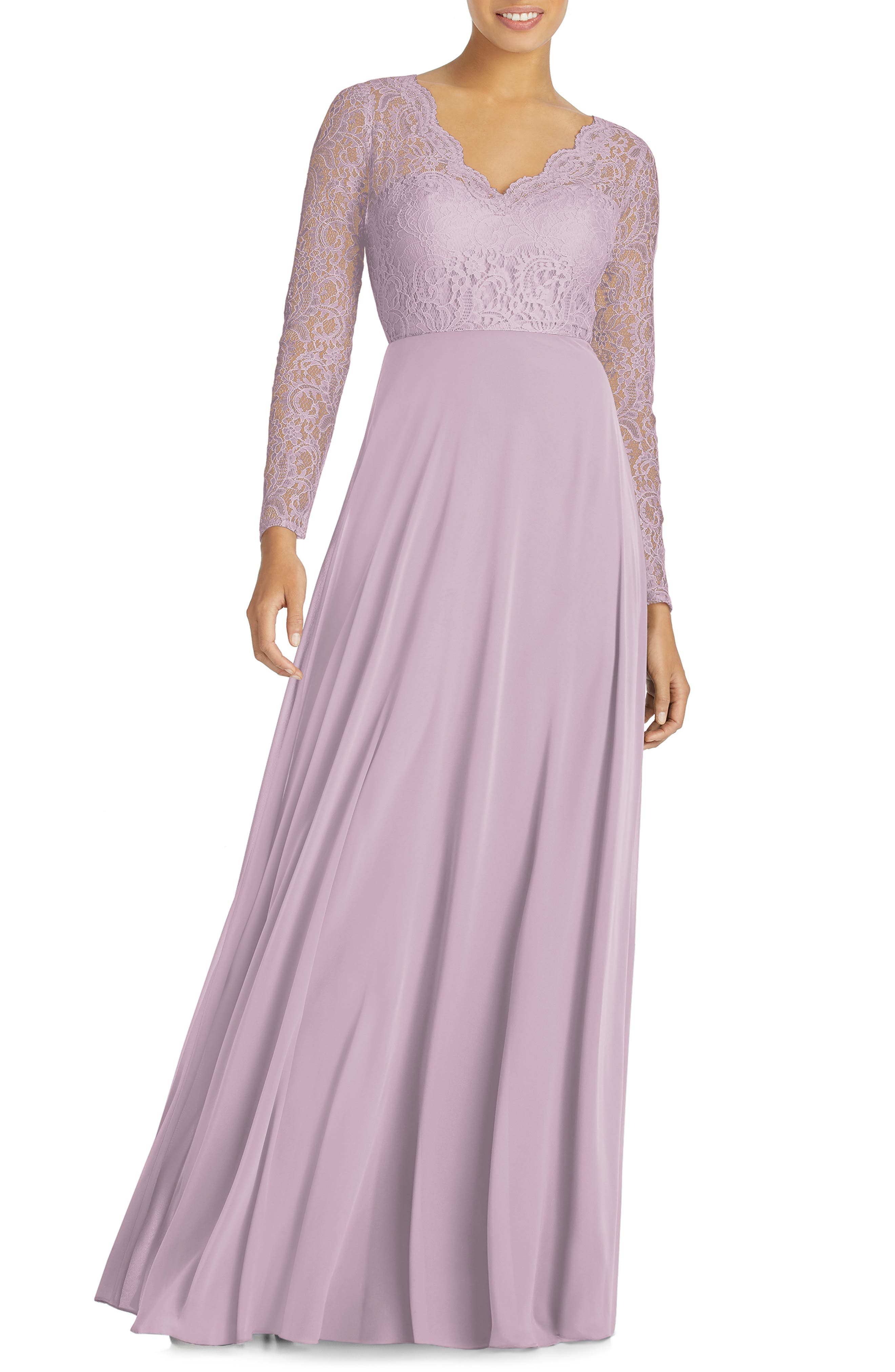 Dessy Collection Long Sleeve Lace & Chiffon Gown, Pink