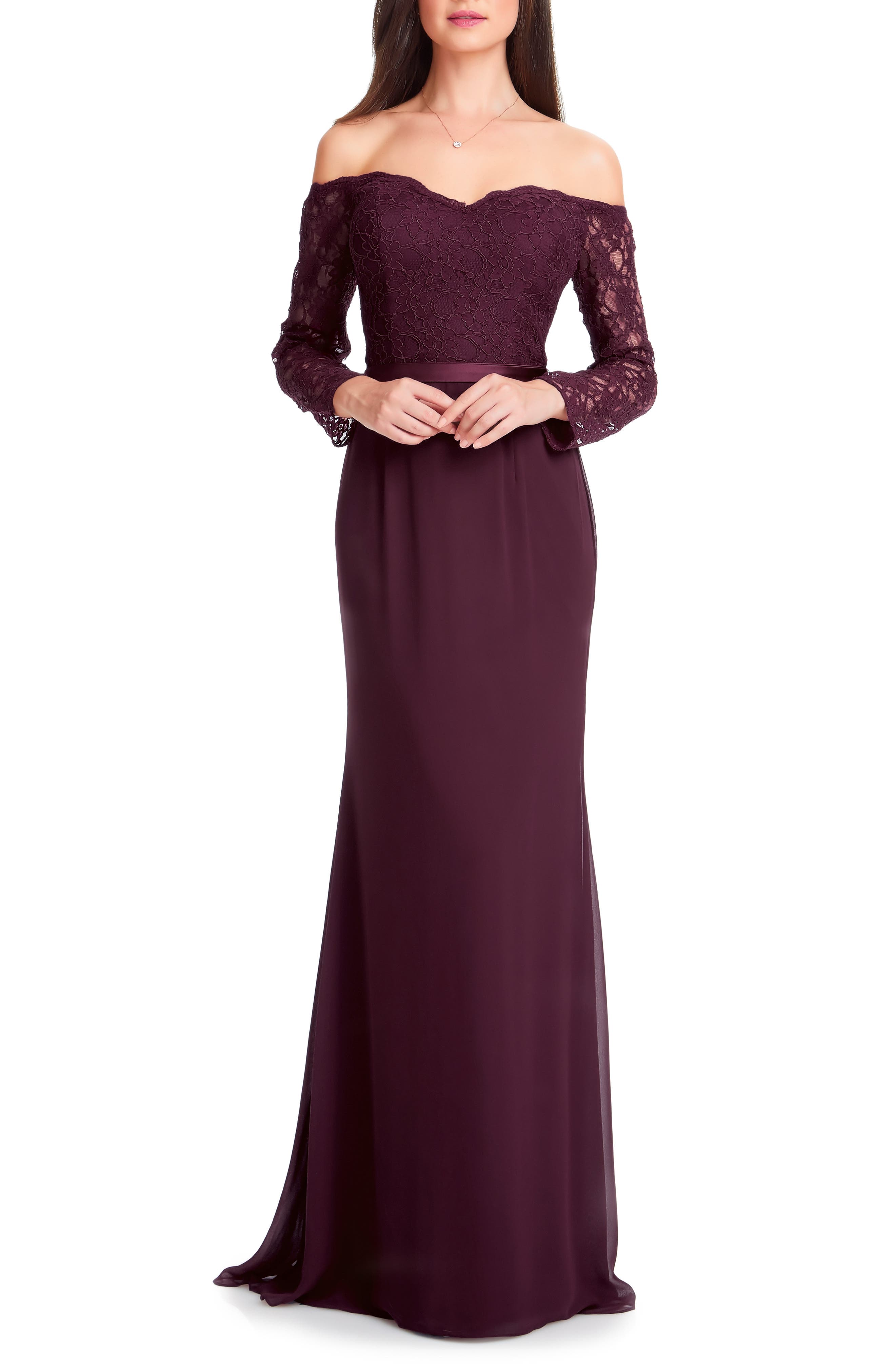 #levkoff Off The Shoulder Three-Quarter Sleeve Gown, Red