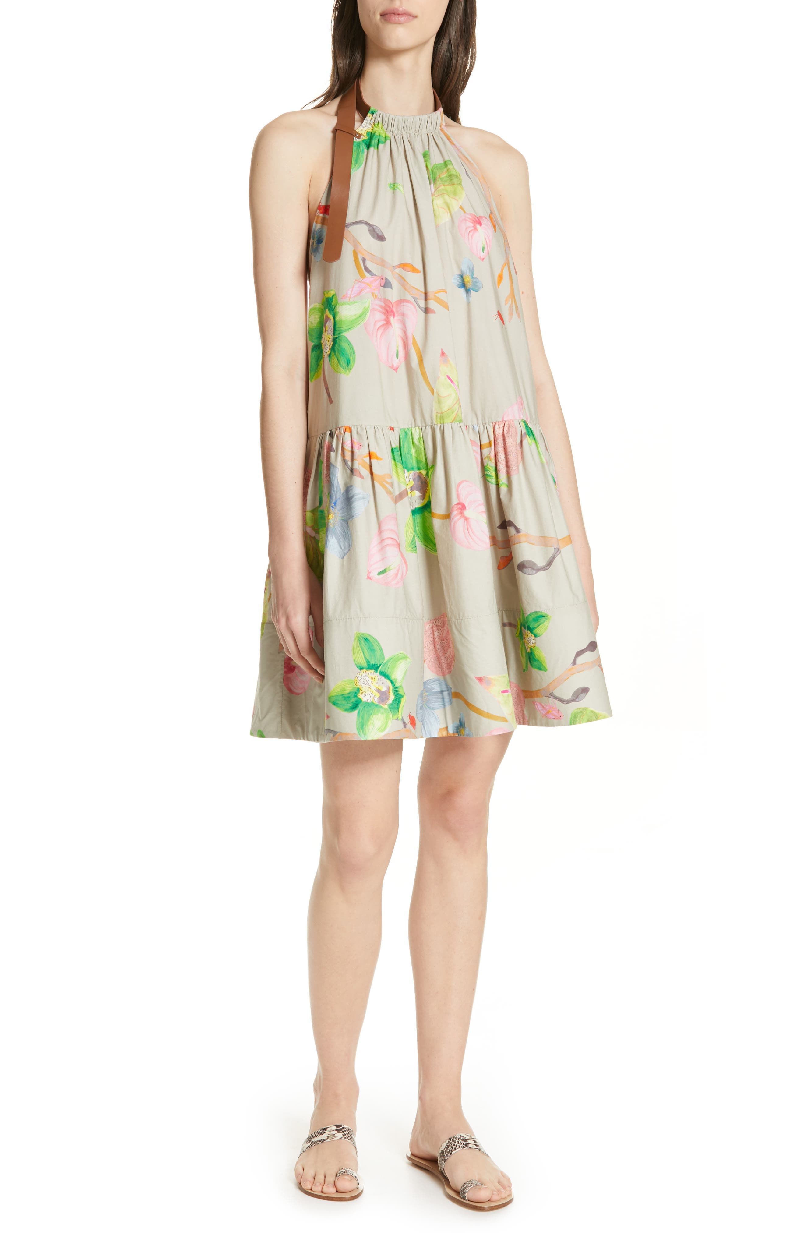 Tibi Linnea Floral Print Poplin Halter Dress, Beige