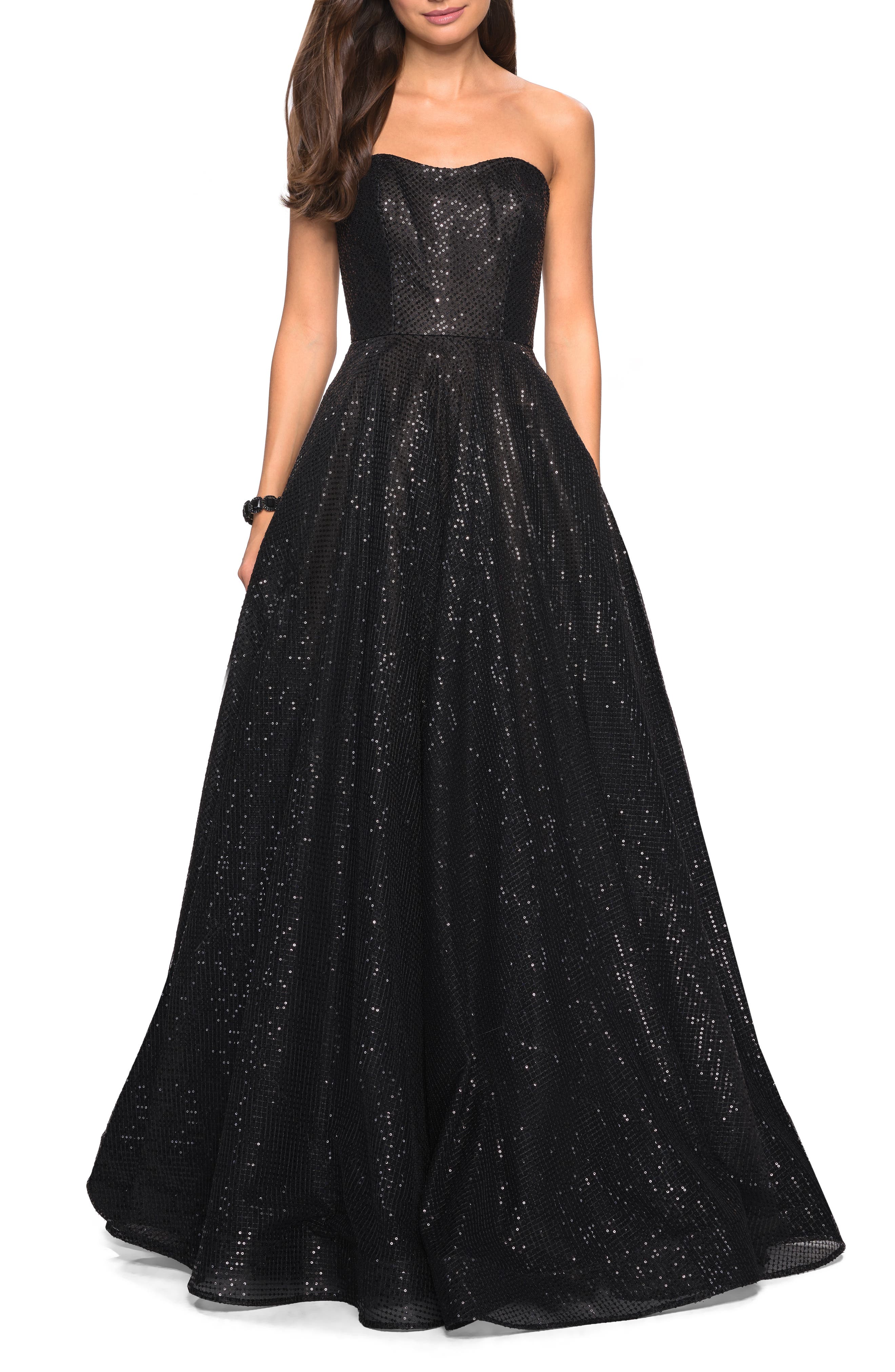 La Femme Sequin Strapless Evening Dress, Black